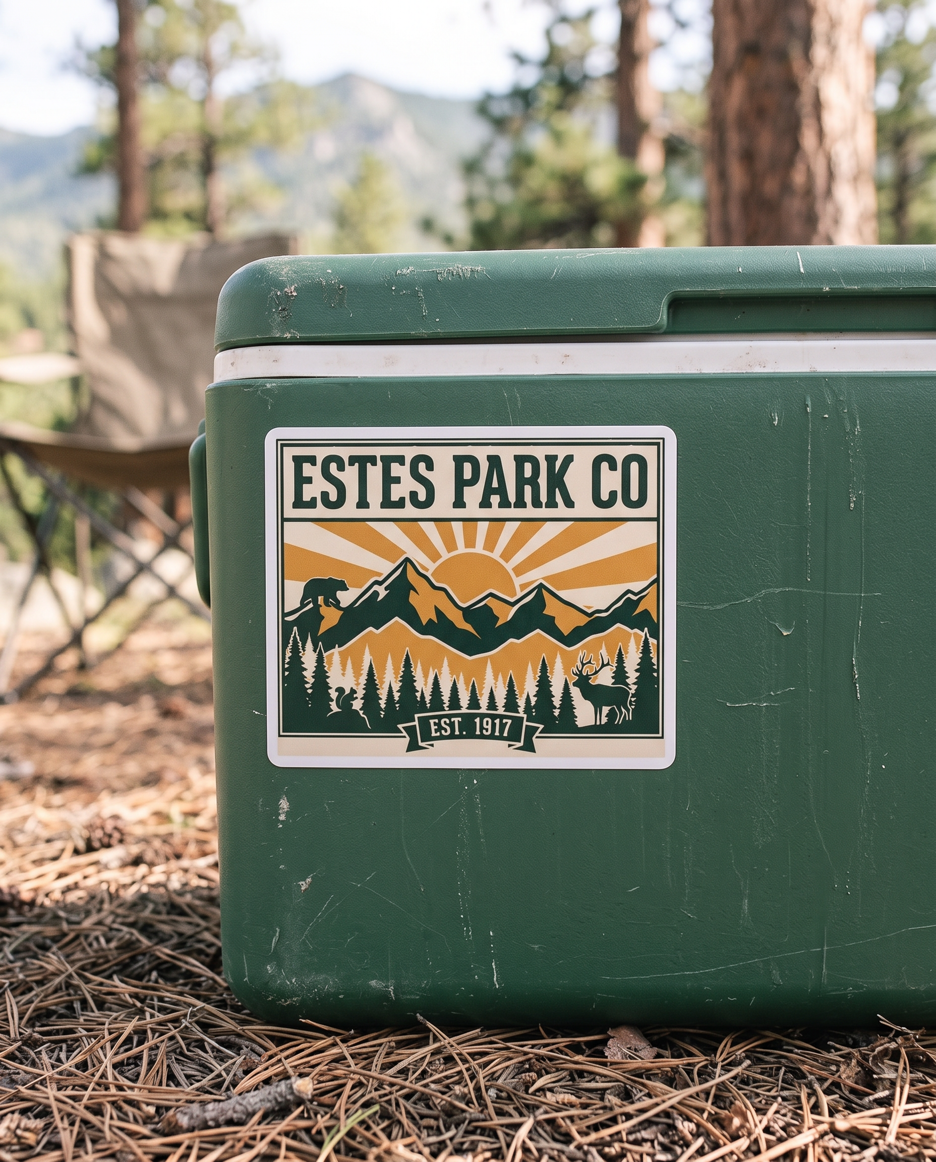 Estes Park CO hidden wildlife sticker on a camp cooler at a Rocky Mountain campsite