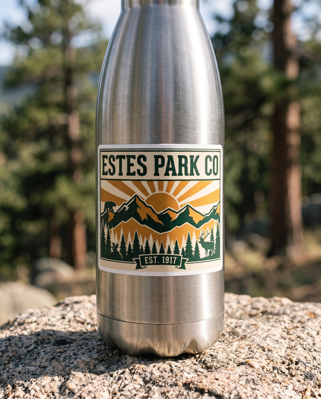 Estes Park CO Hidden Wildlife sticker on a water bottle