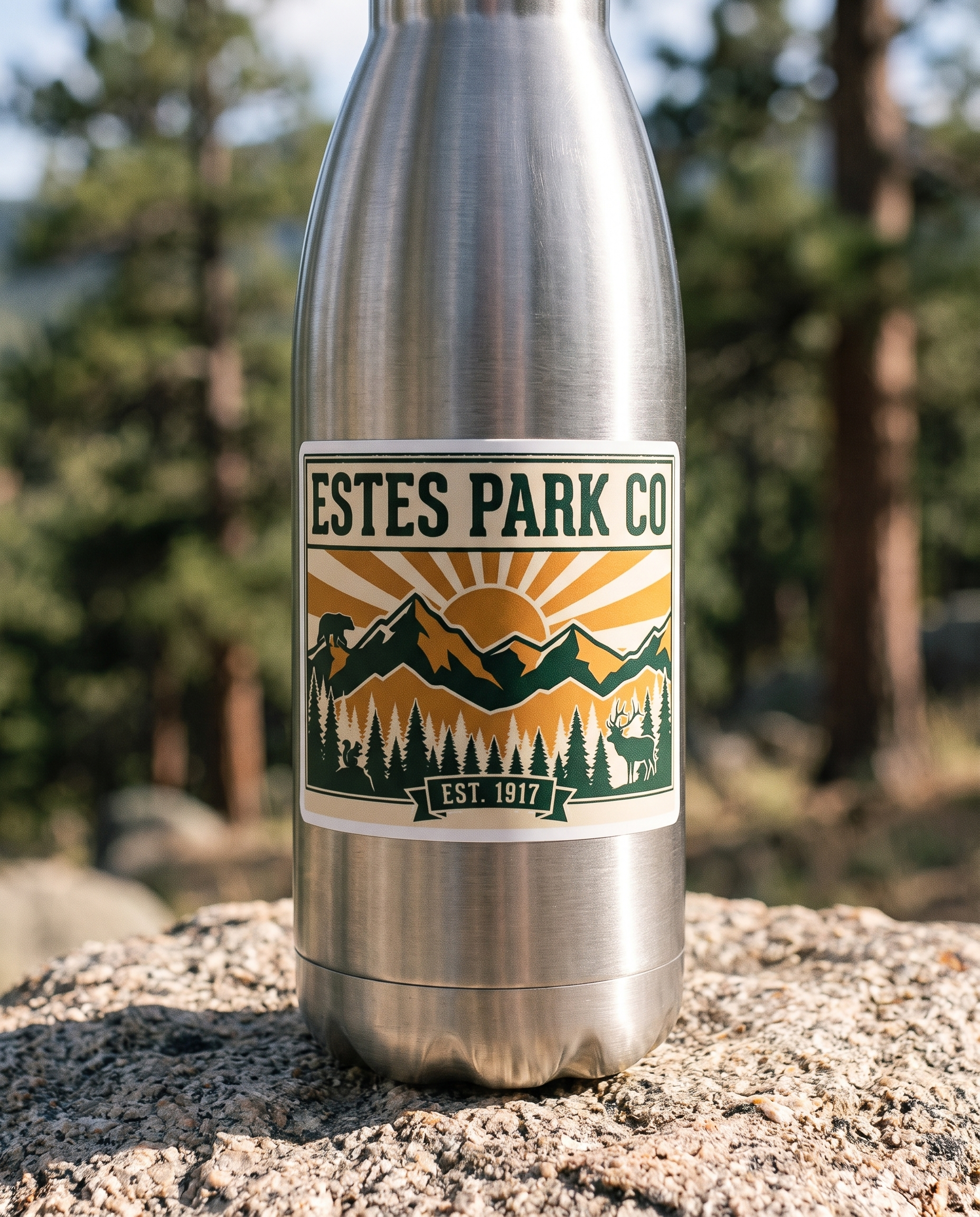 Estes Park CO Hidden Wildlife sticker on a water bottle