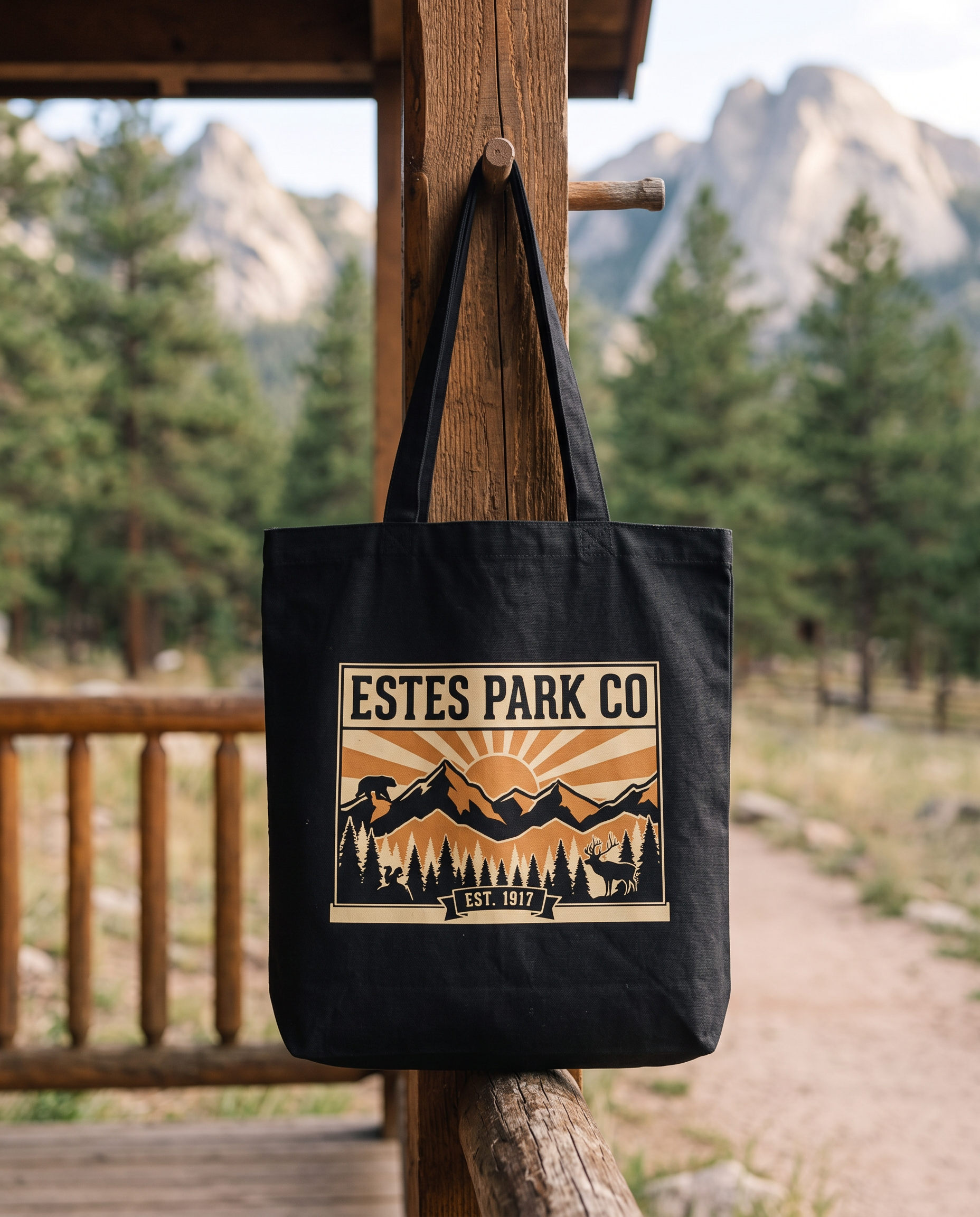 Black Estes Park CO hidden wildlife canvas tote hanging on a mountain cabin porch near Rocky Mountain National Park