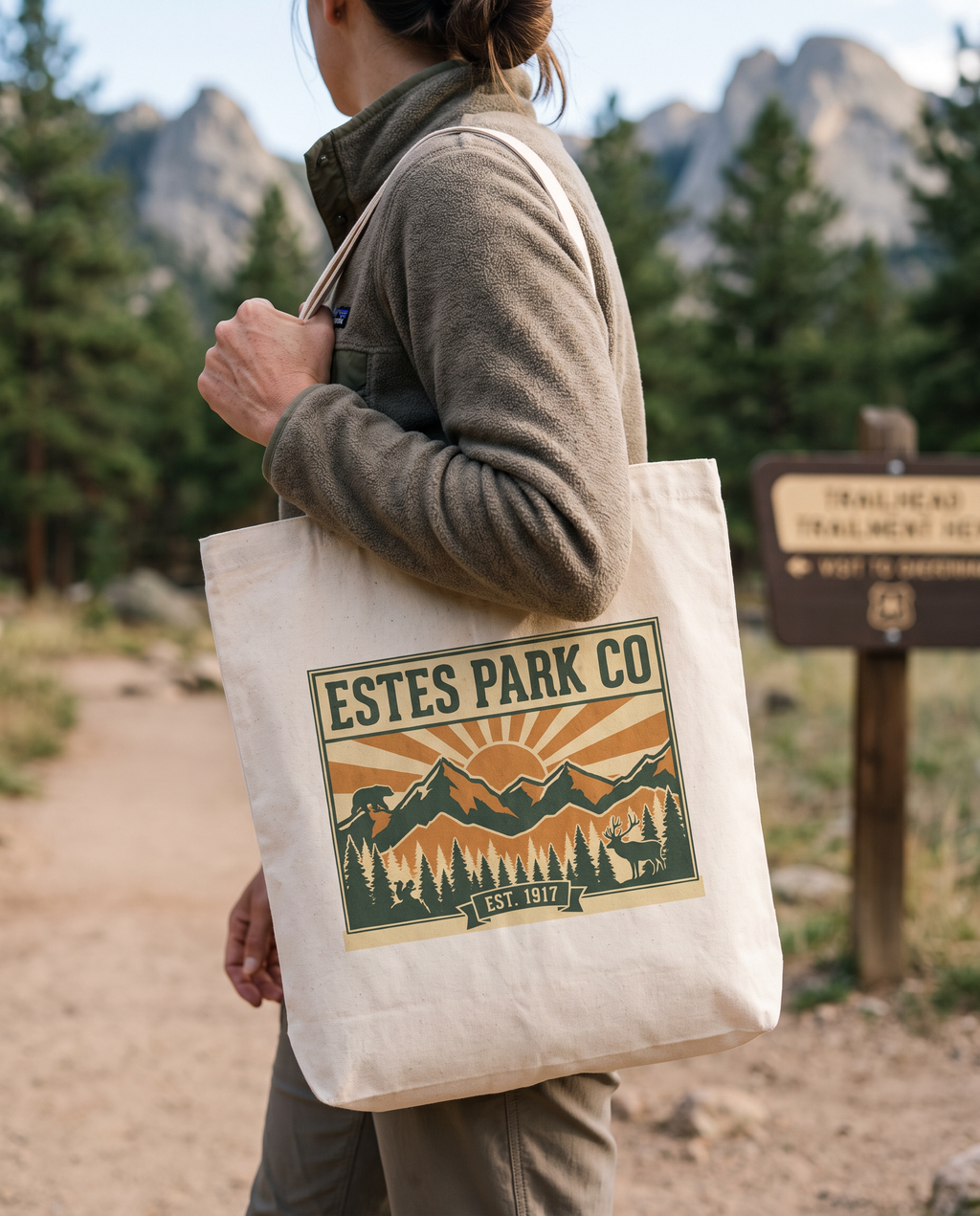Estes Park CO Hidden Wildlife tote at a trailhead