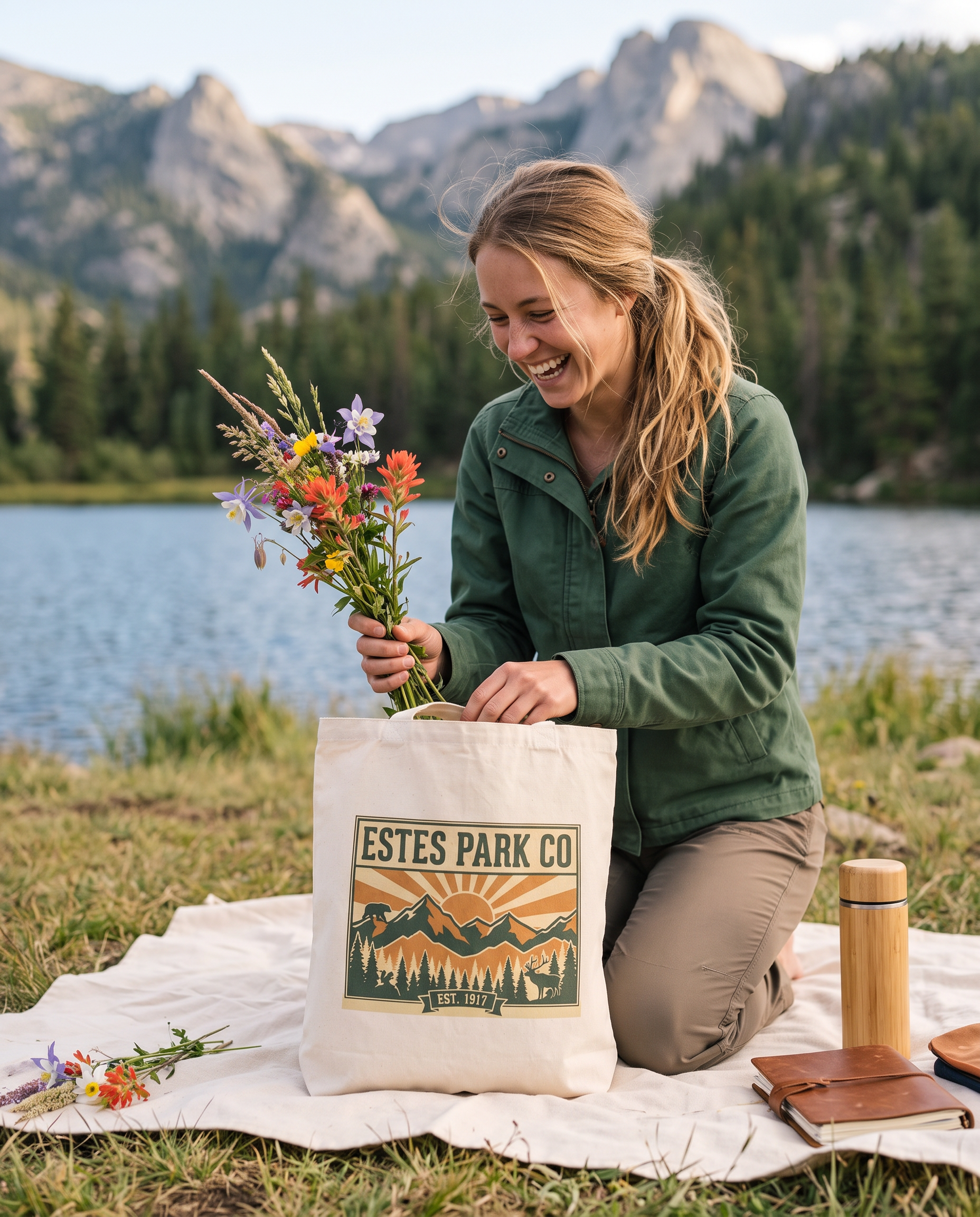 Woman unpacking wildflowers from the natural Estes Park CO hidden wildlife canvas tote at an alpine lake picnic