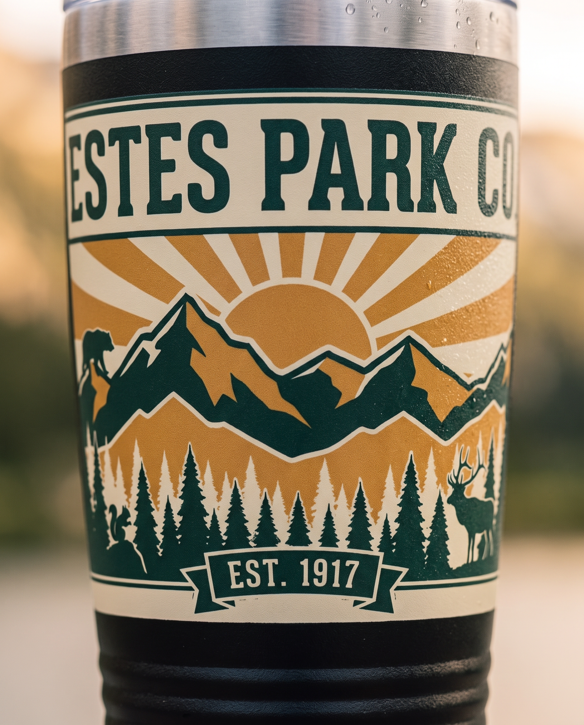 Estes Park CO hidden wildlife badge macro on the black 20oz tumbler with condensation, EST. 1917
