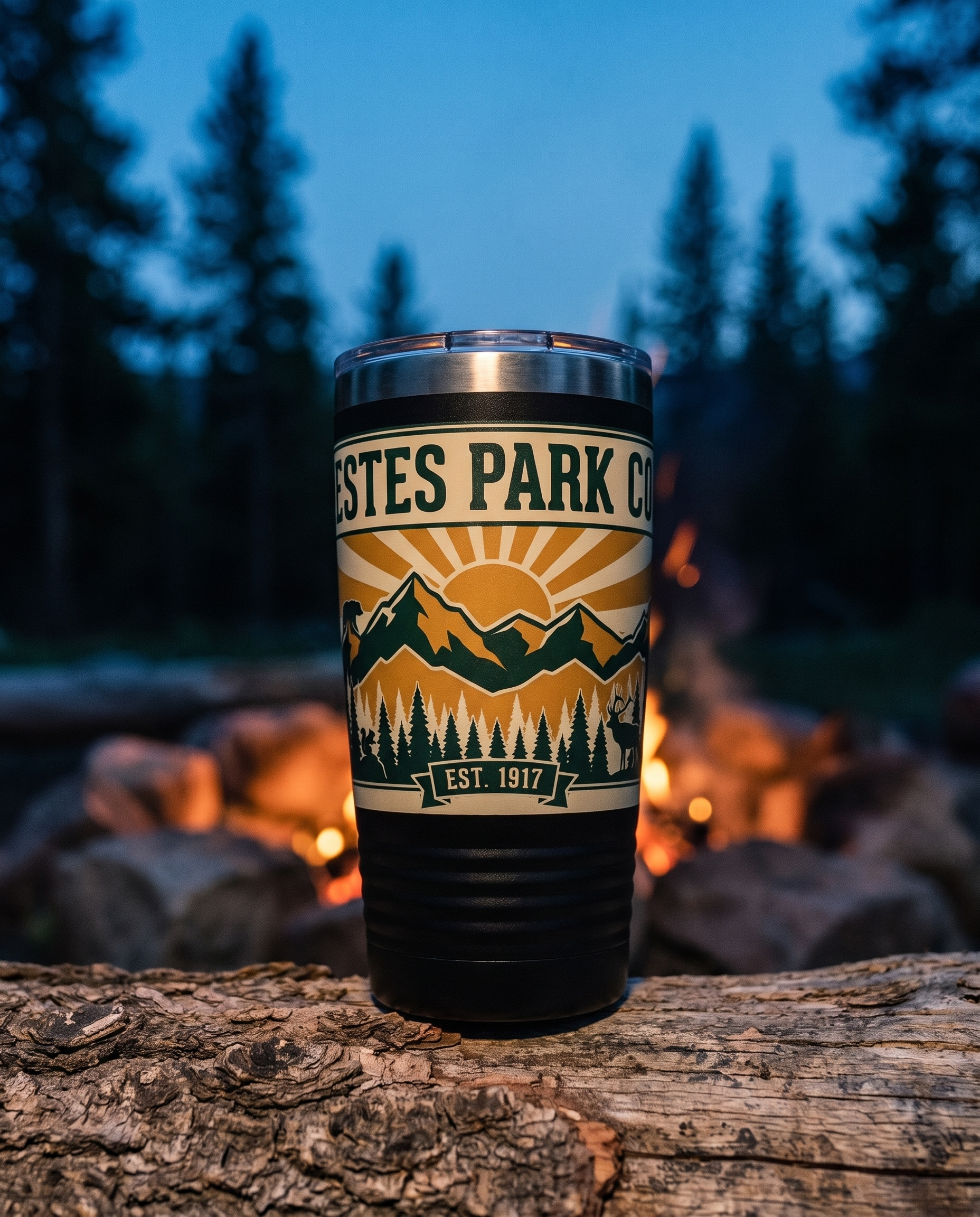 Black Estes Park CO hidden wildlife tumbler by a campfire at dusk near Estes Park Colorado