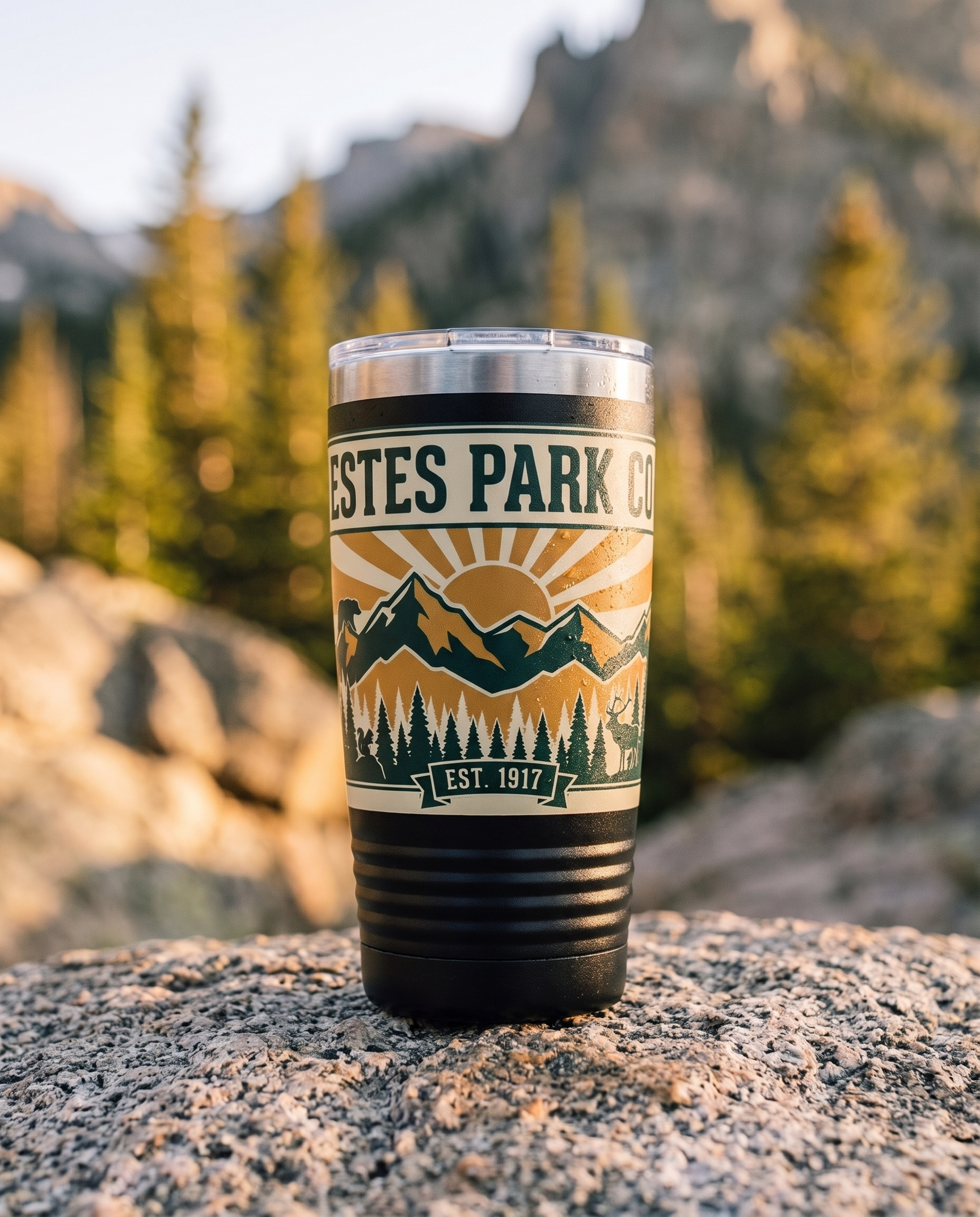 Black Estes Park CO hidden wildlife 20oz tumbler on granite with Rocky Mountain pines behind