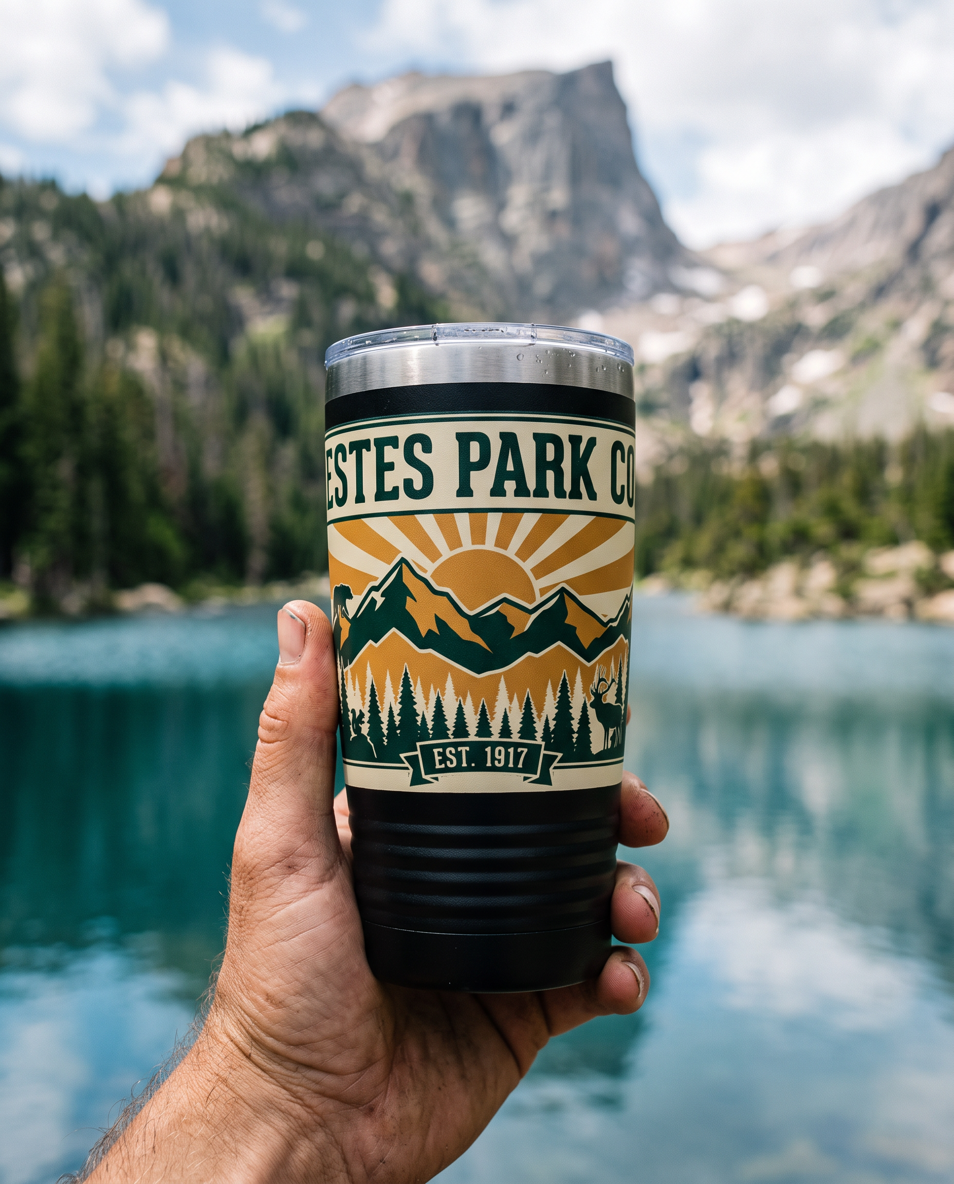 Estes Park CO Hidden Wildlife tumbler at an alpine lake