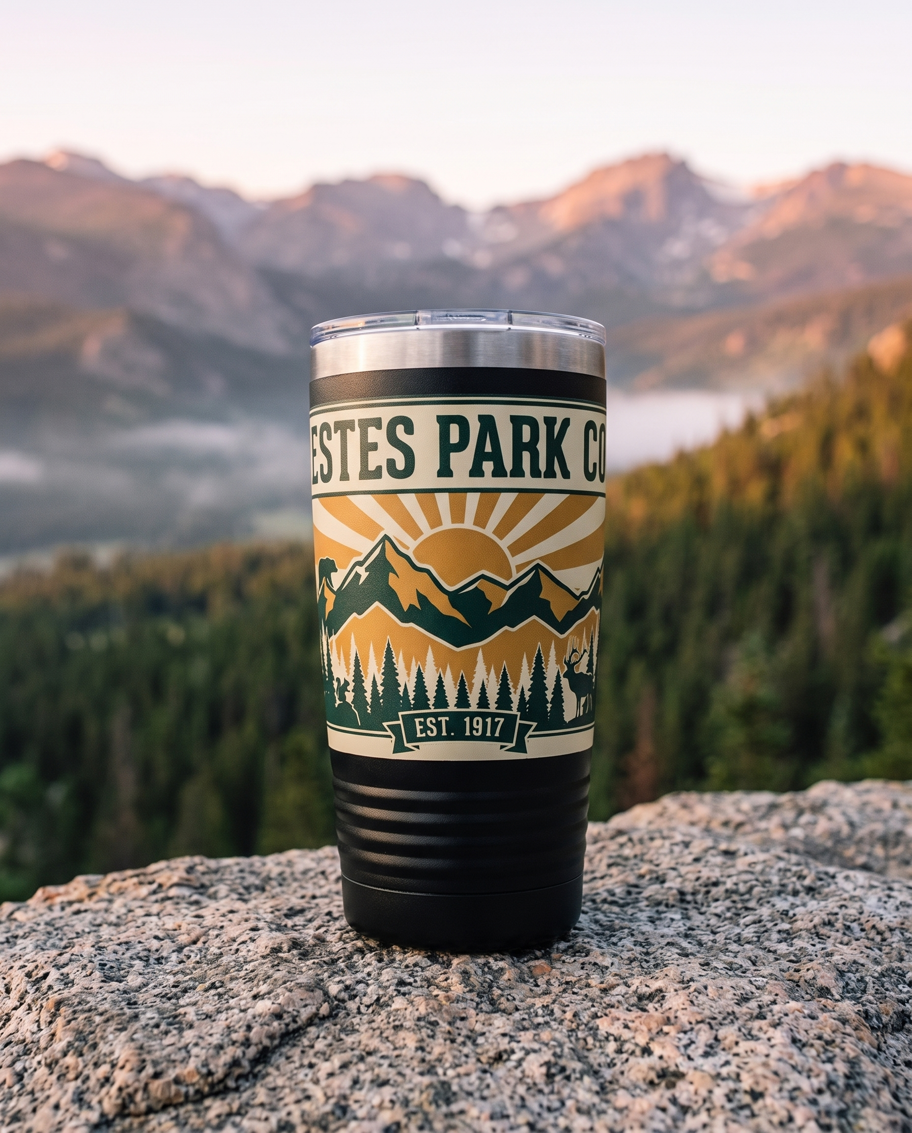 Black Estes Park CO hidden wildlife tumbler at a Rocky Mountain summit at sunrise