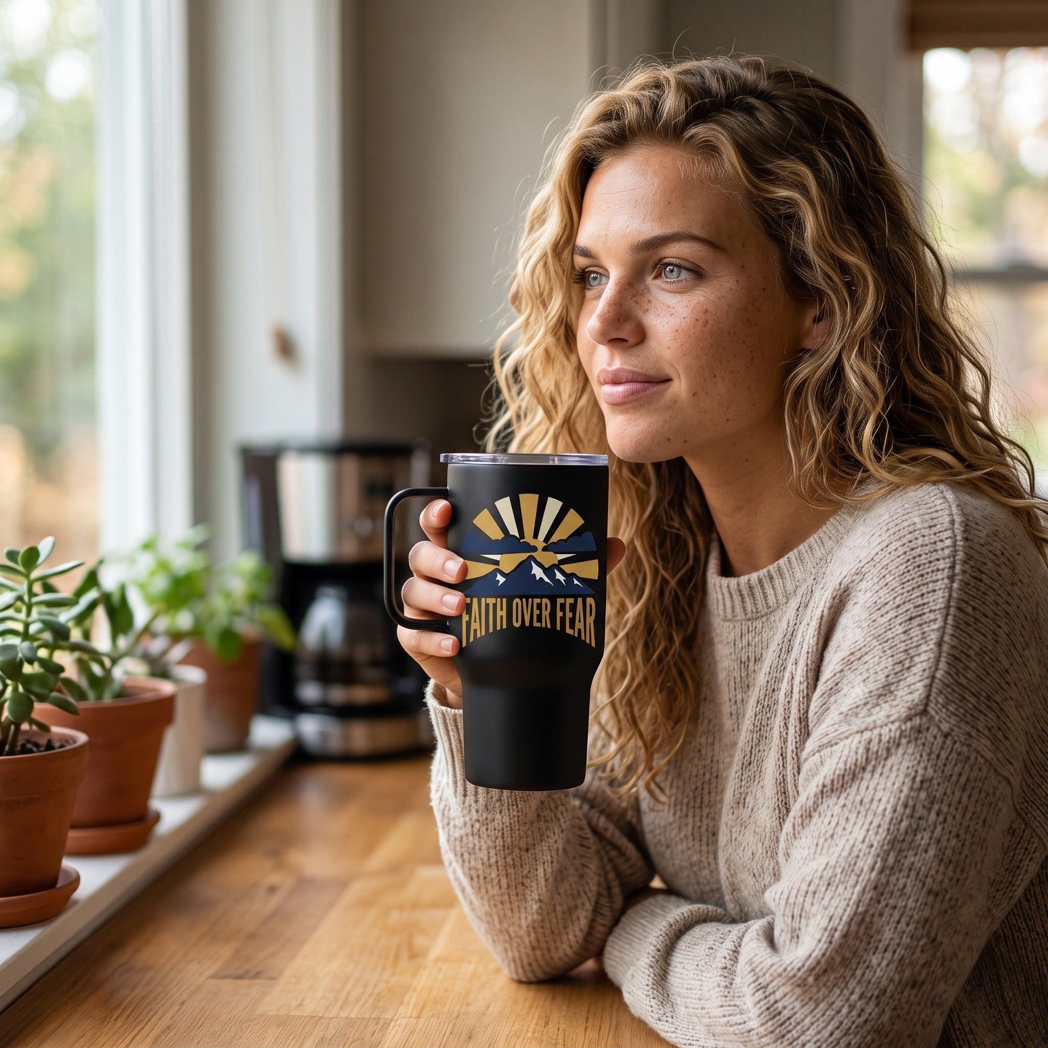 Faith Over Fear 15oz insulated mug in black, held by an approved model, wide lifestyle photograph
