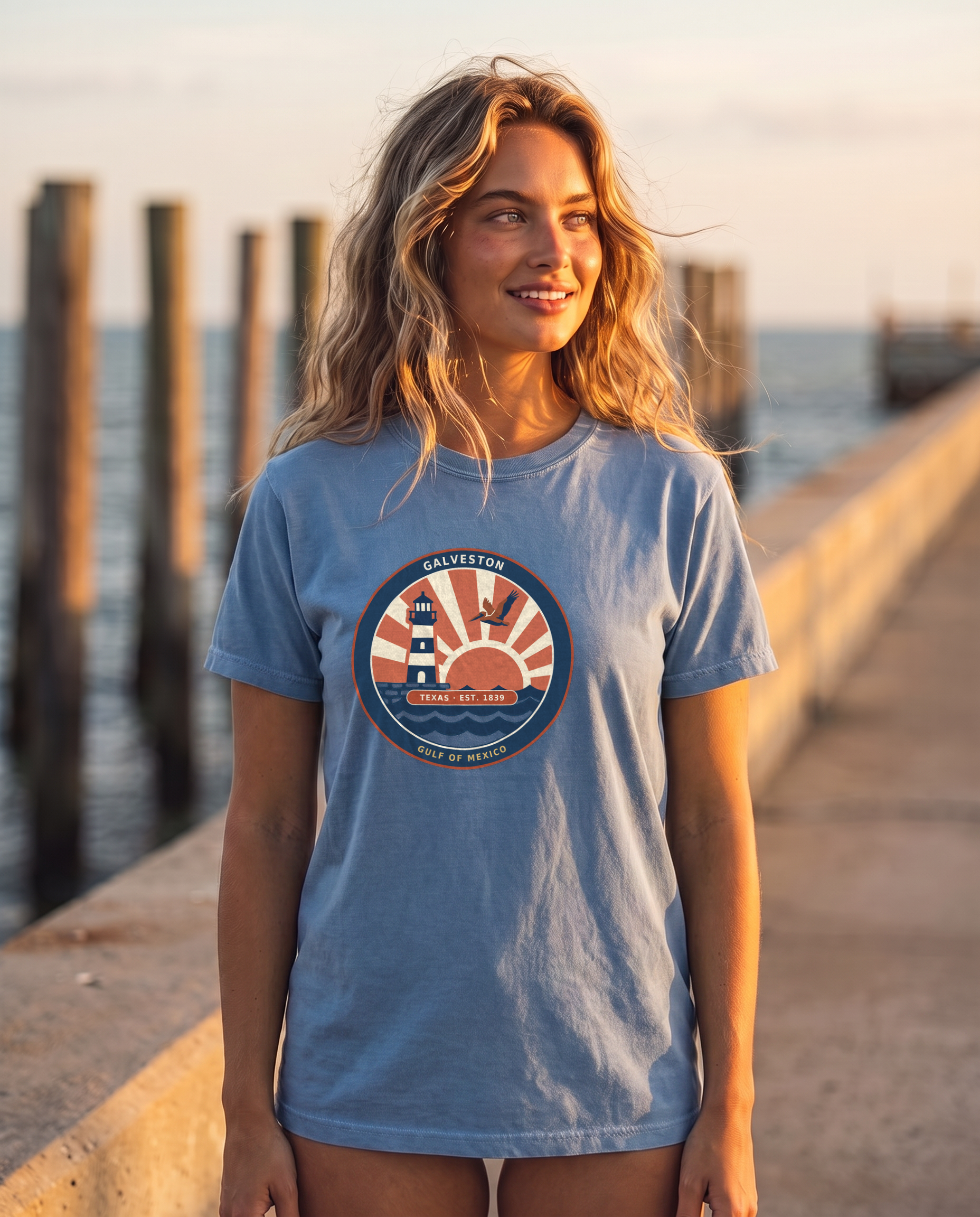 Galveston Texas sunset badge tee in Blue Jean on model at the pier, corrected print size