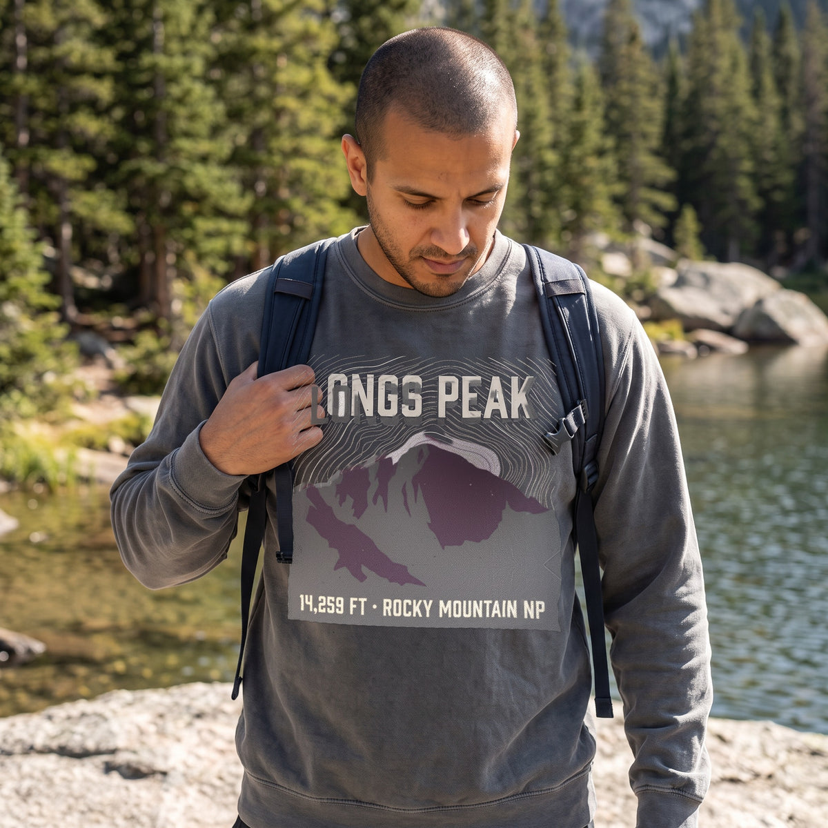 Longs Peak crewneck sweatshirt in smoke, worn by an approved model, close lifestyle photograph
