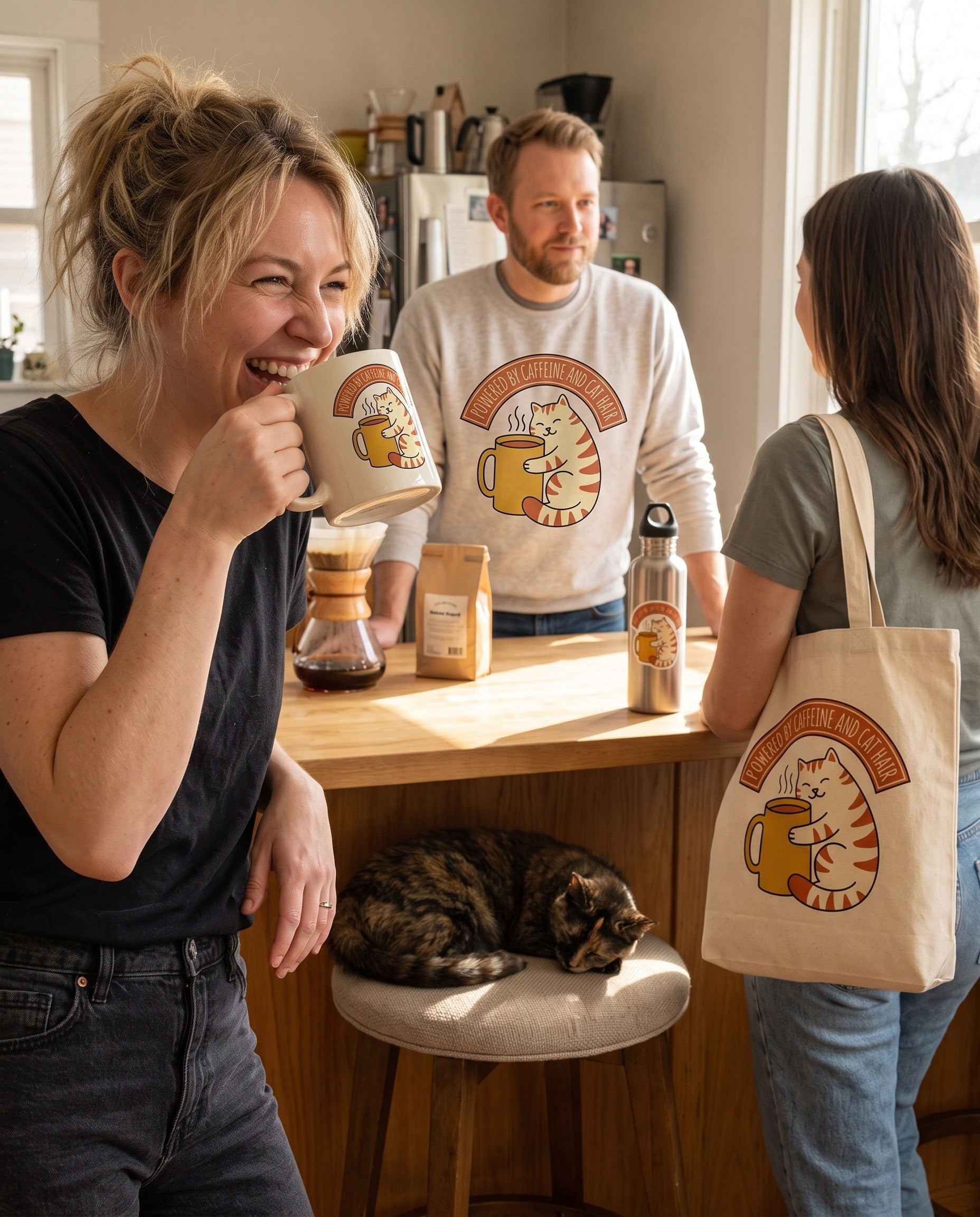 Cat Coffee mug, crewneck and tote together in a kitchen at coffee hour