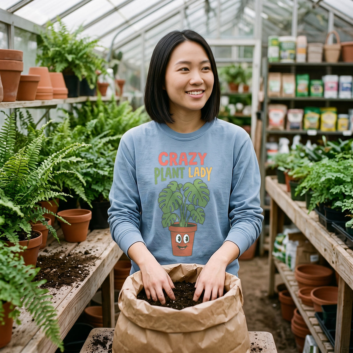 Crazy Plant Lady Long Sleeve Shirt in flo blue, worn by an approved model, mid lifestyle photograph