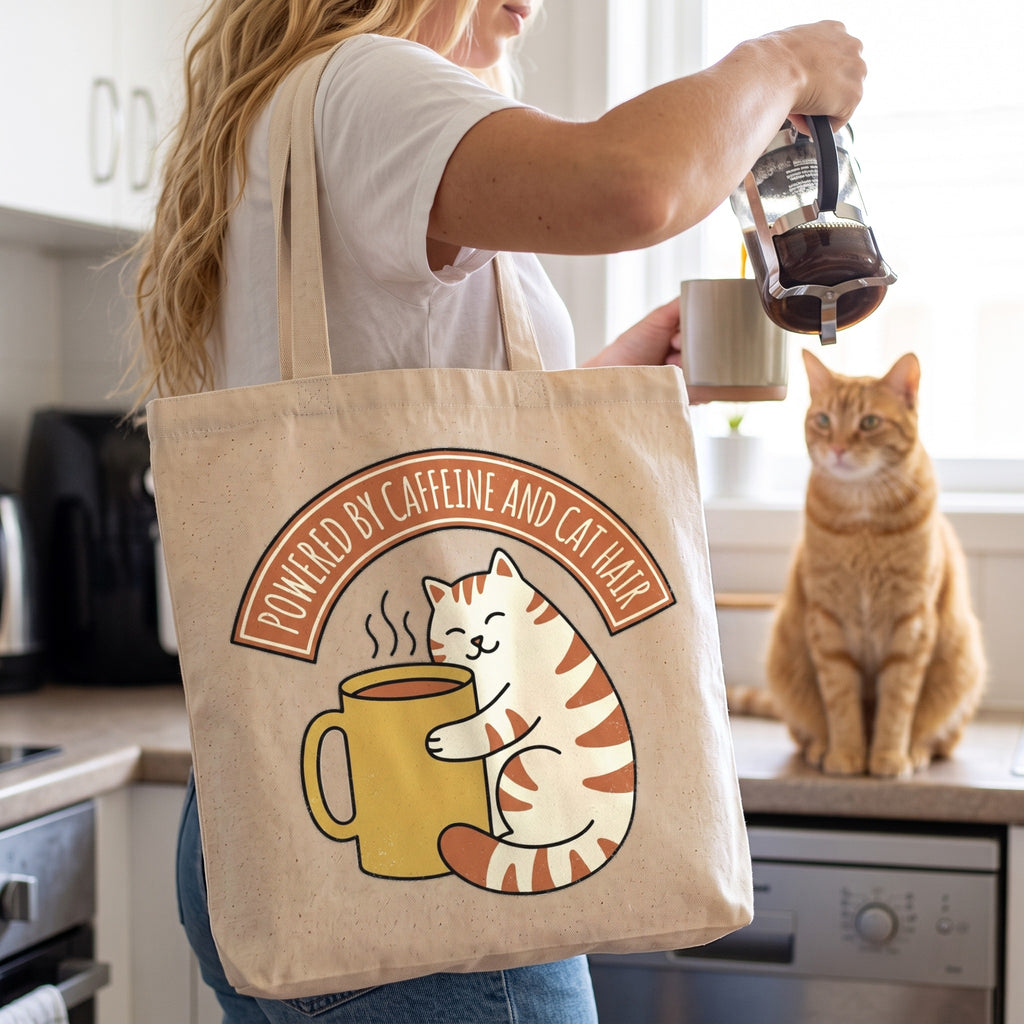 Cat Coffee Powered by Caffeine Tote in natural, worn by an approved model, close lifestyle photograph