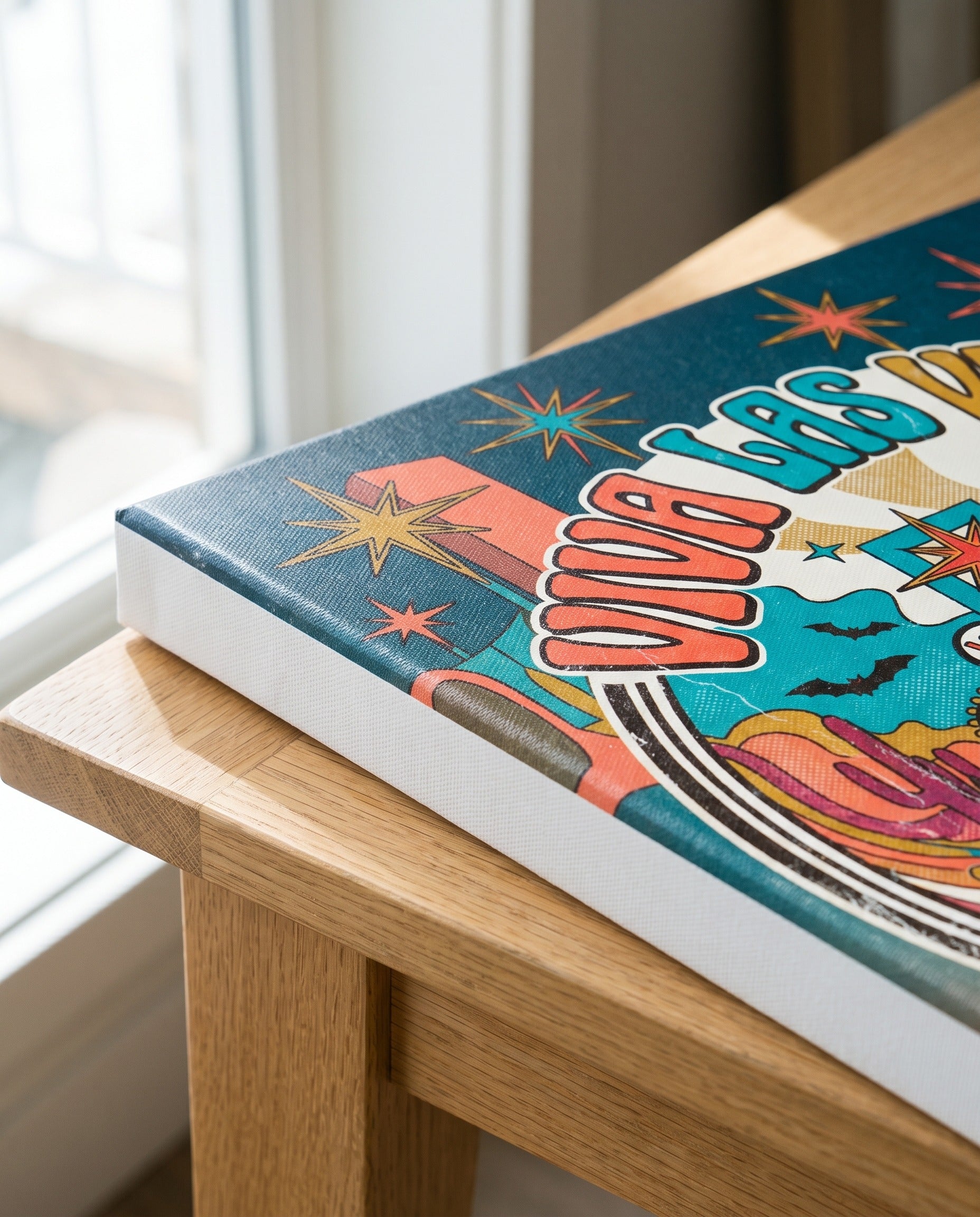 Corner detail of the Viva Las Vegas canvas showing the full bleed print and 0.75 inch gallery wrap