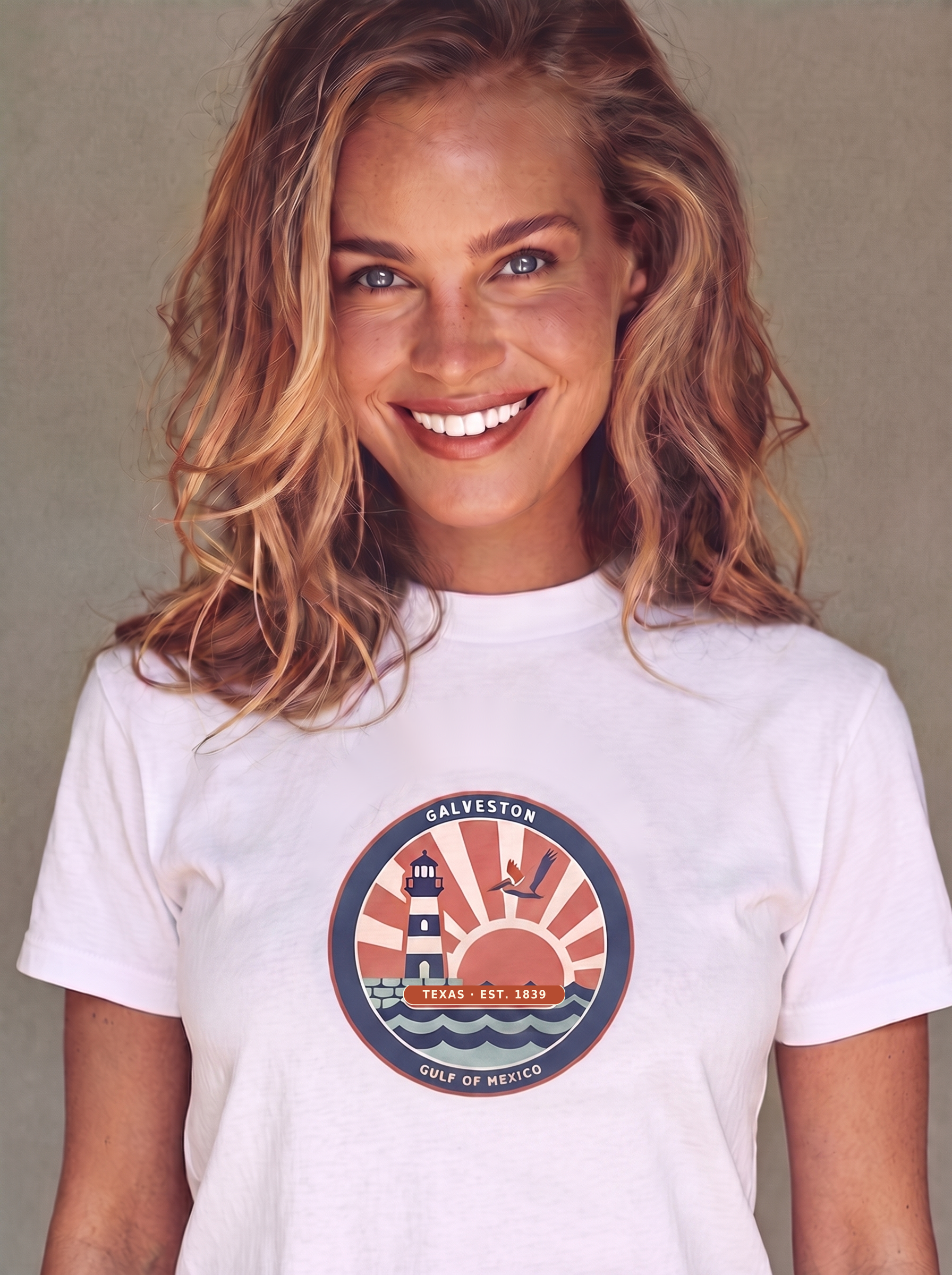 Galveston Texas vintage coastal badge tee in white, worn, front print centered on chest
