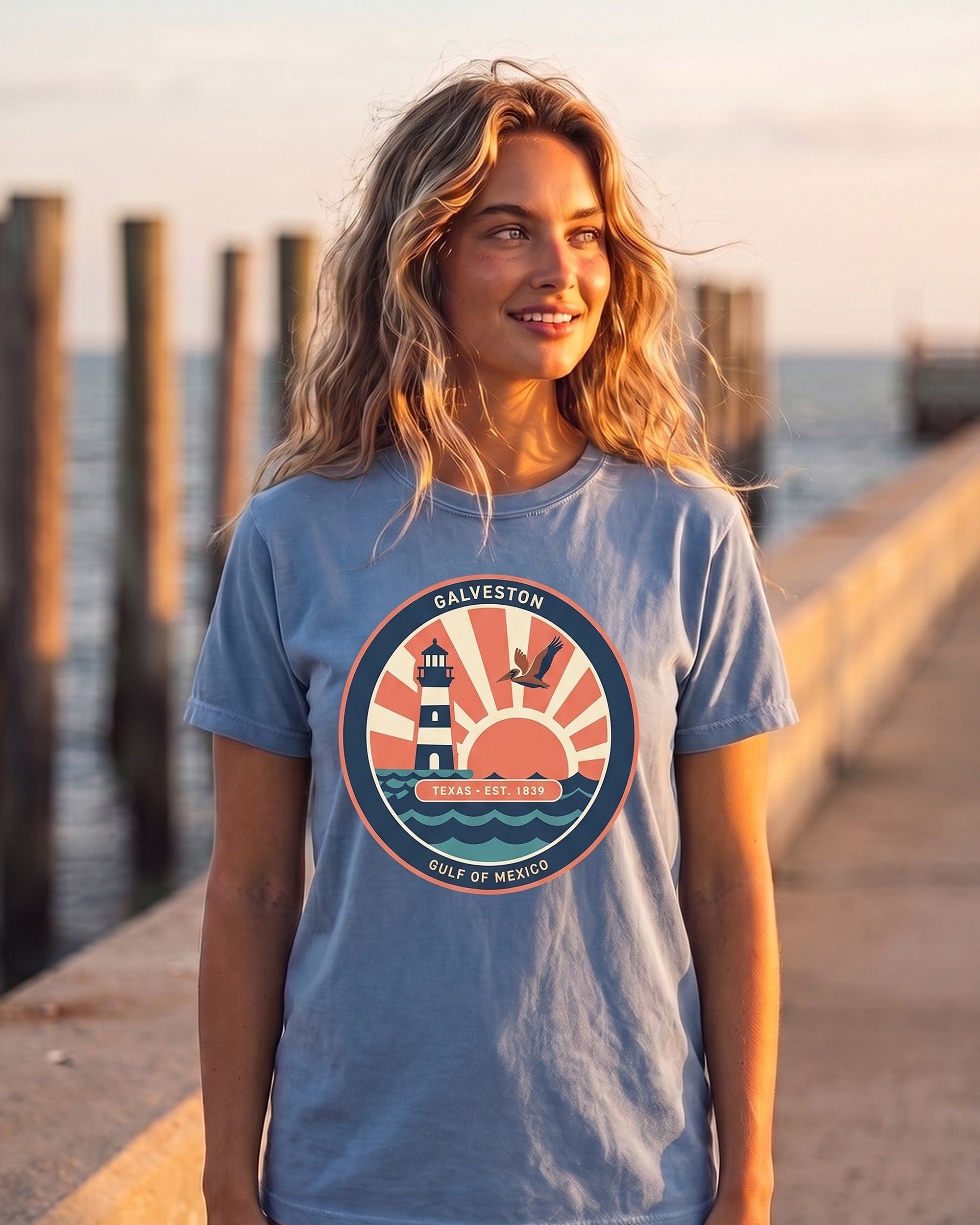 Woman on a Galveston beach pier at golden hour wearing a blue Galveston Gulf of Mexico vintage coastal badge tee with a striped lighthouse and Texas EST. 1839 banner. AI generated model imagery, no real person photographed