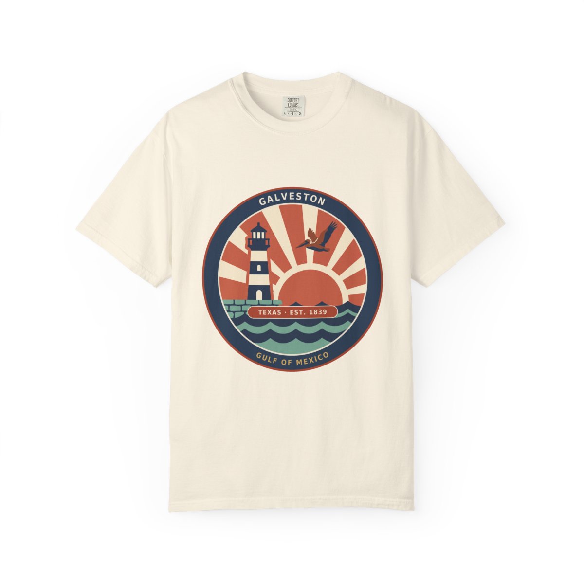 Galveston Gulf of Mexico badge tee in Ivory, front product view with the full circular badge centered on the chest