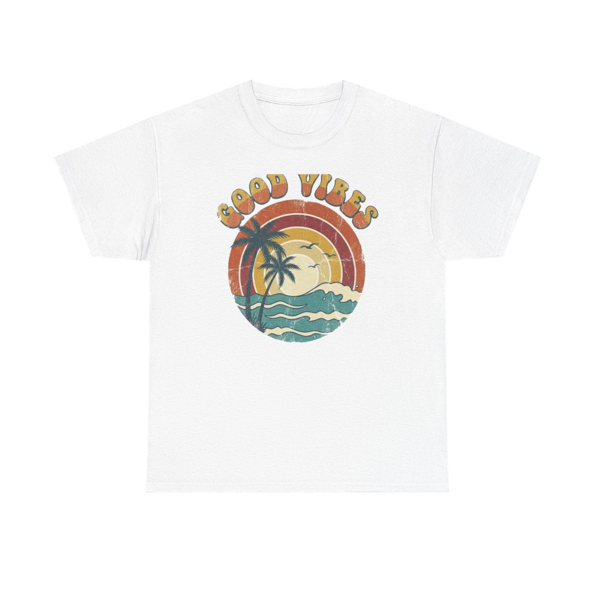 Good Vibes retro beach tee in White, front product view with the arched lettering and wave circle centered on the chest