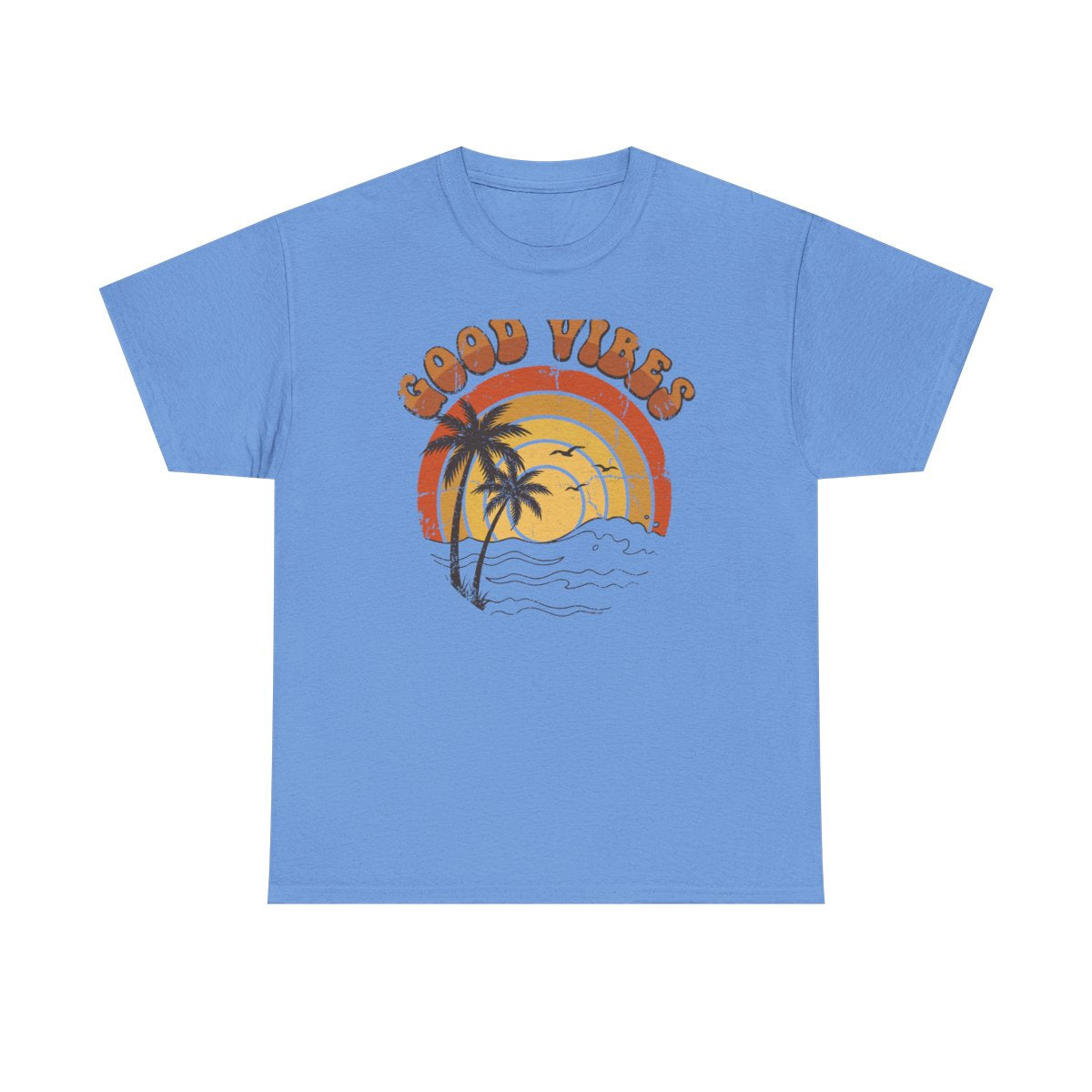 Good Vibes retro beach tee in Carolina Blue, front product view