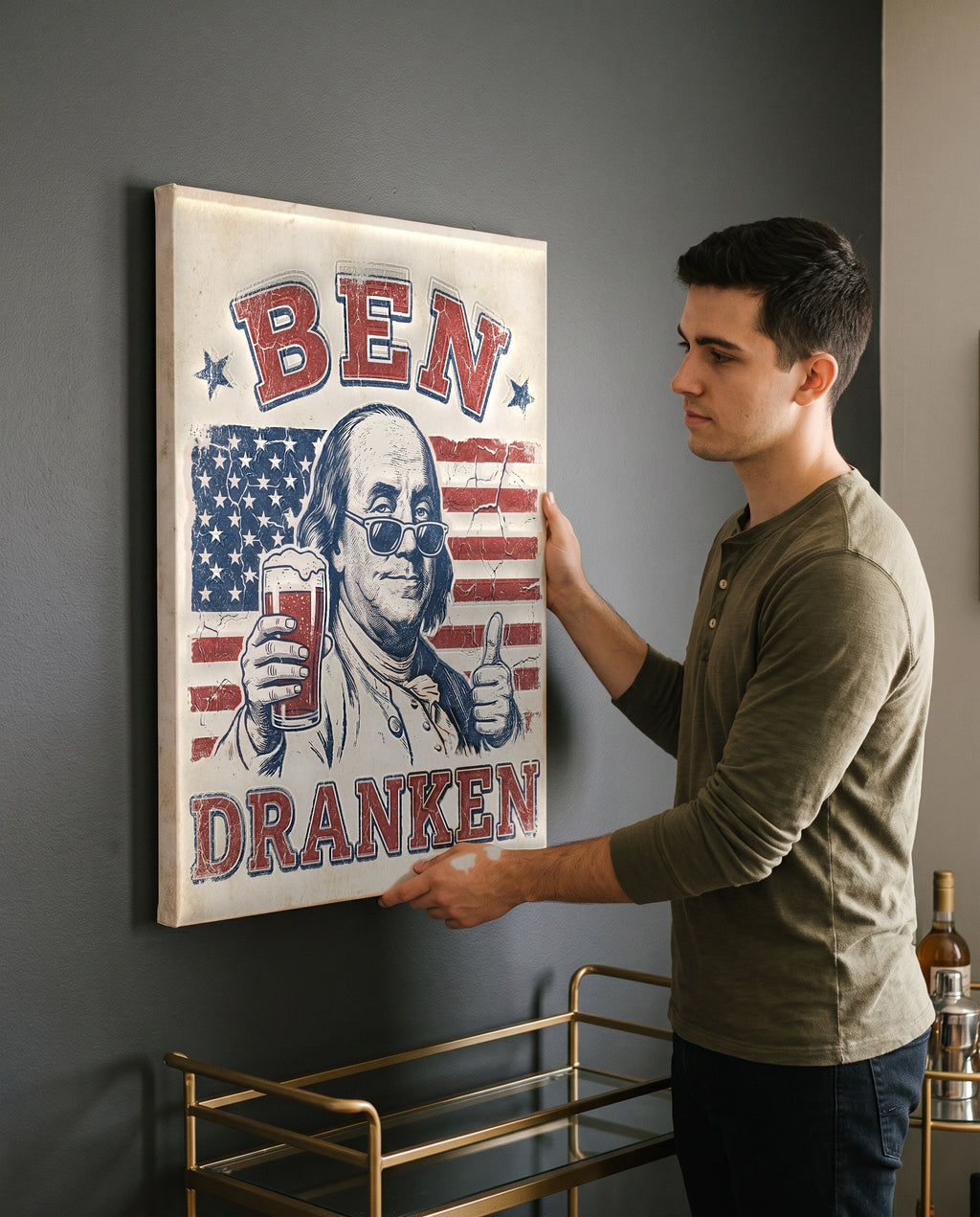 Man leveling the Ben Dranken canvas, showing its true 18 by 24 inch size