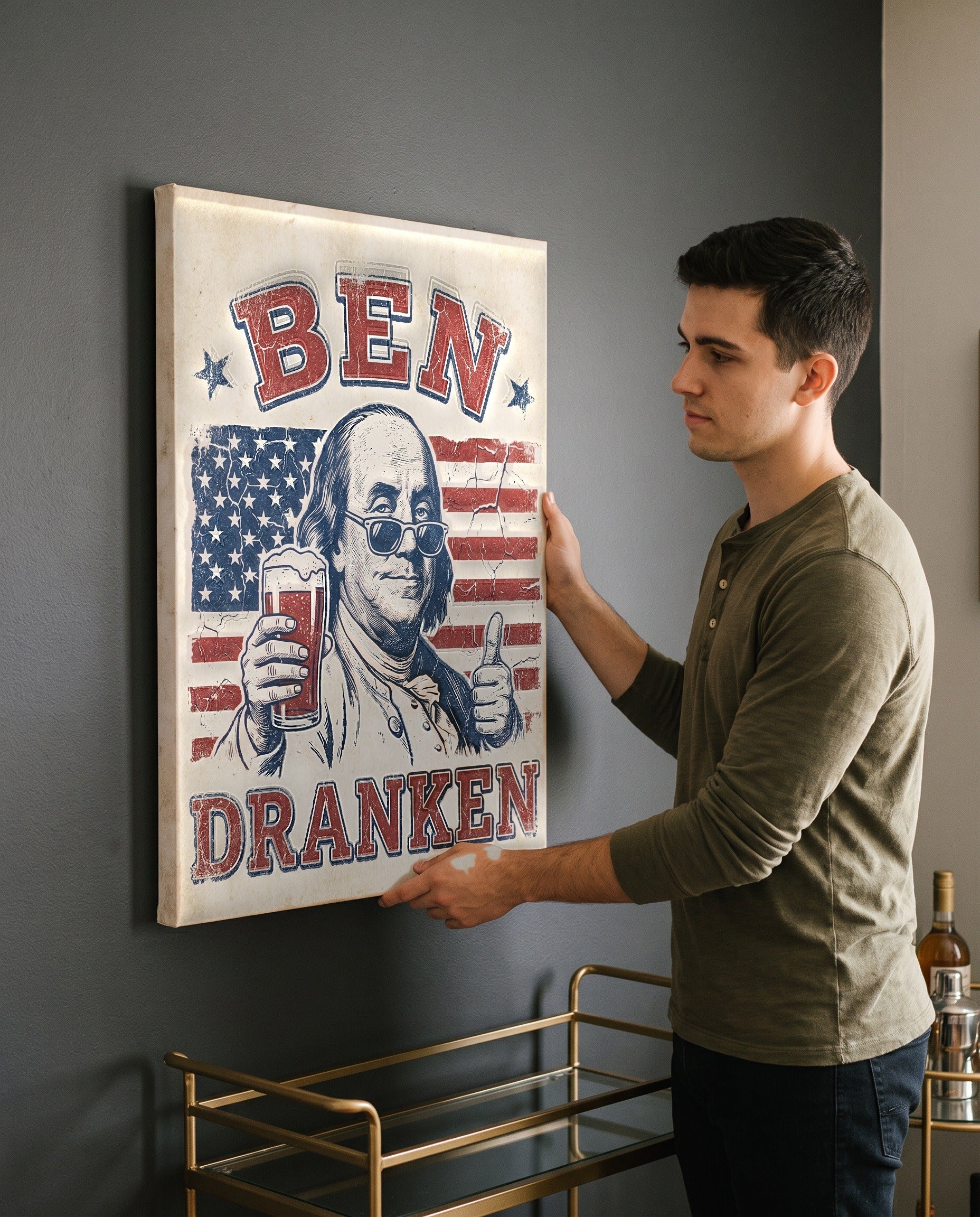 Man leveling the Ben Dranken canvas, showing its true 18 by 24 inch size