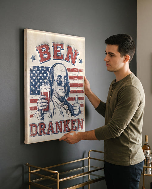 Man leveling the Ben Dranken canvas, showing its true 18 by 24 inch size
