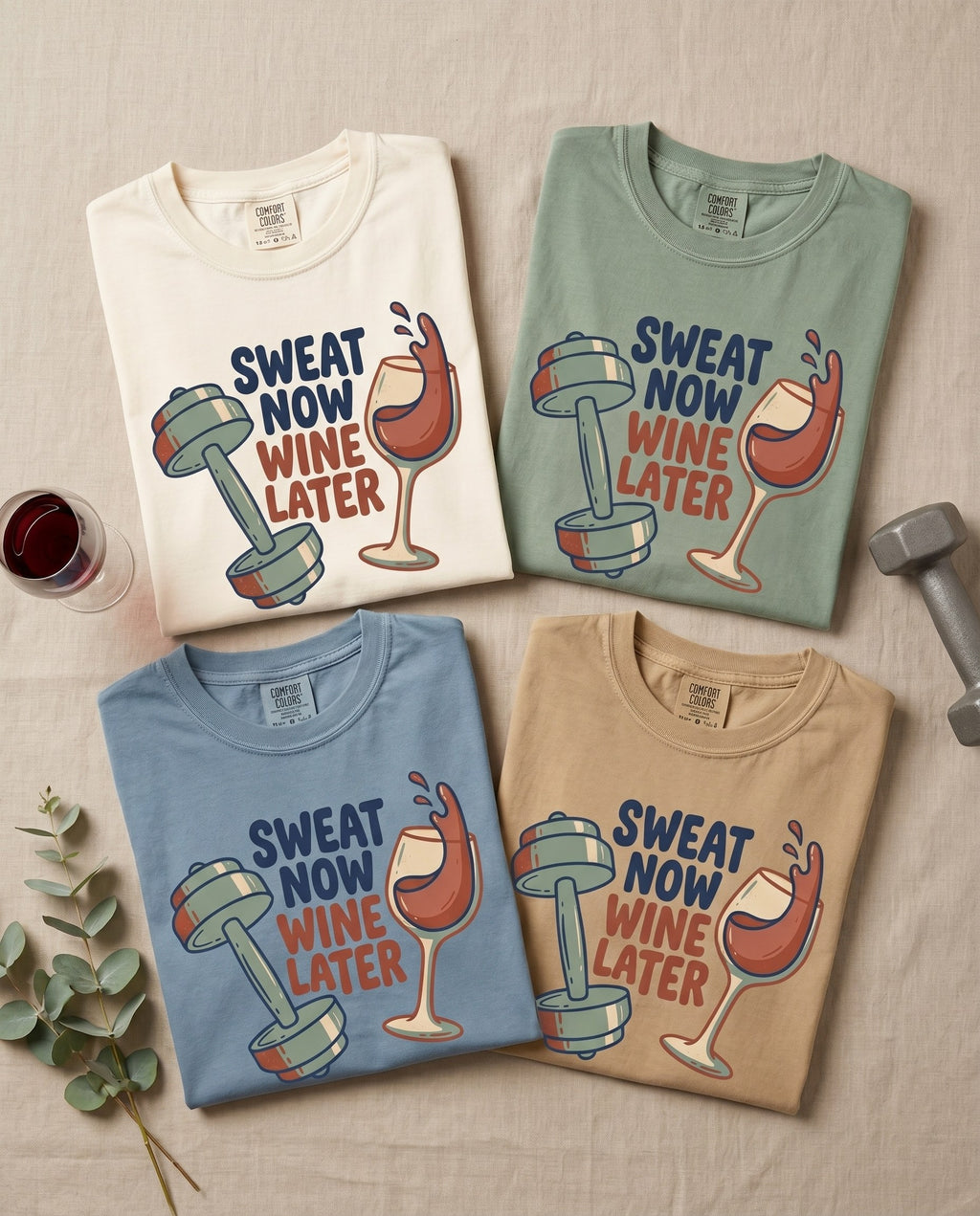 Sweat Now Wine Later tee in all four Comfort Colors washes — Ivory, Bay sage green, Blue Jean, and Khaki — folded in a styled flat-lay with wine and a dumbbell, funny gym and wine shirt