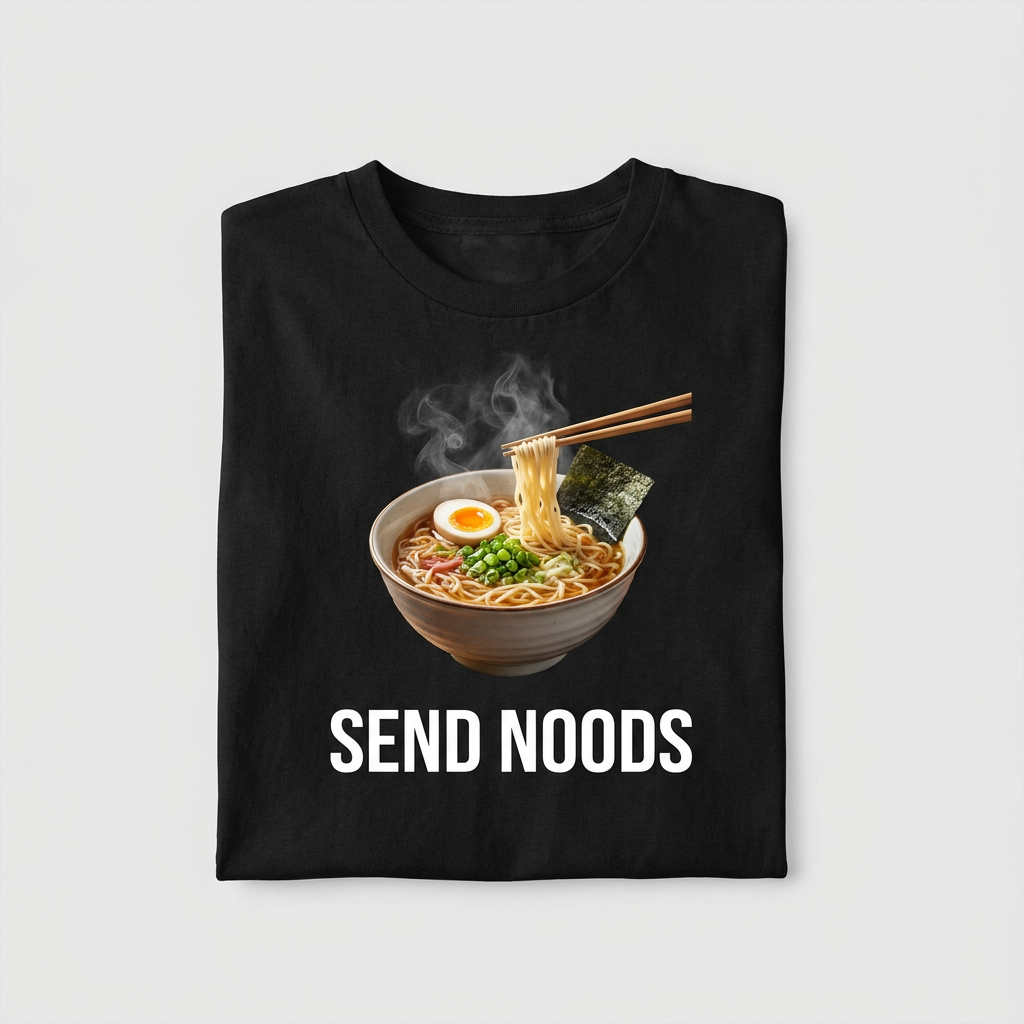 Send Noods ramen bowl graphic on a black unisex t-shirt