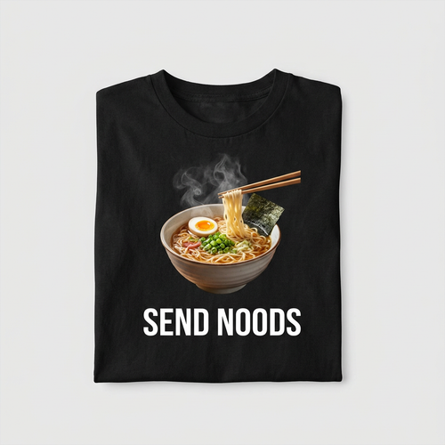 Send Noods ramen bowl graphic on a black unisex t-shirt