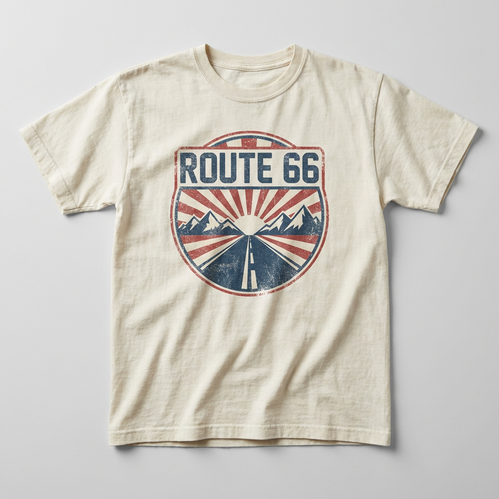 Vintage Route 66 highway shield graphic on a t-shirt