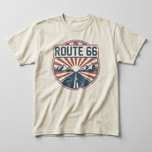 Vintage Route 66 highway shield graphic on a t-shirt