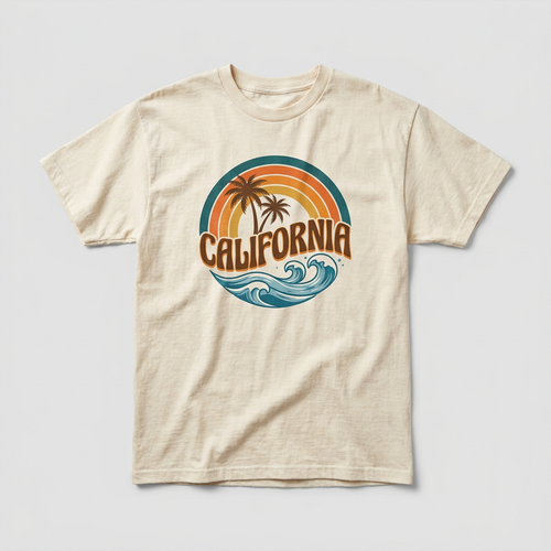 Retro 1970s California sunset graphic on a cream t-shirt