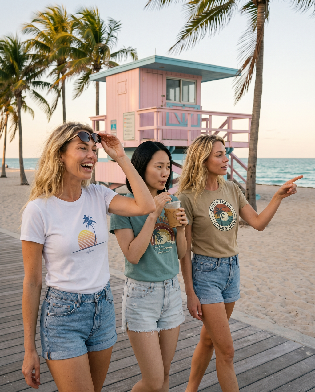 Three friends walking the Miami beach boardwalk past a pastel lifeguard tower, the front friend wearing the Retro Miami Palm Sunset tee in White