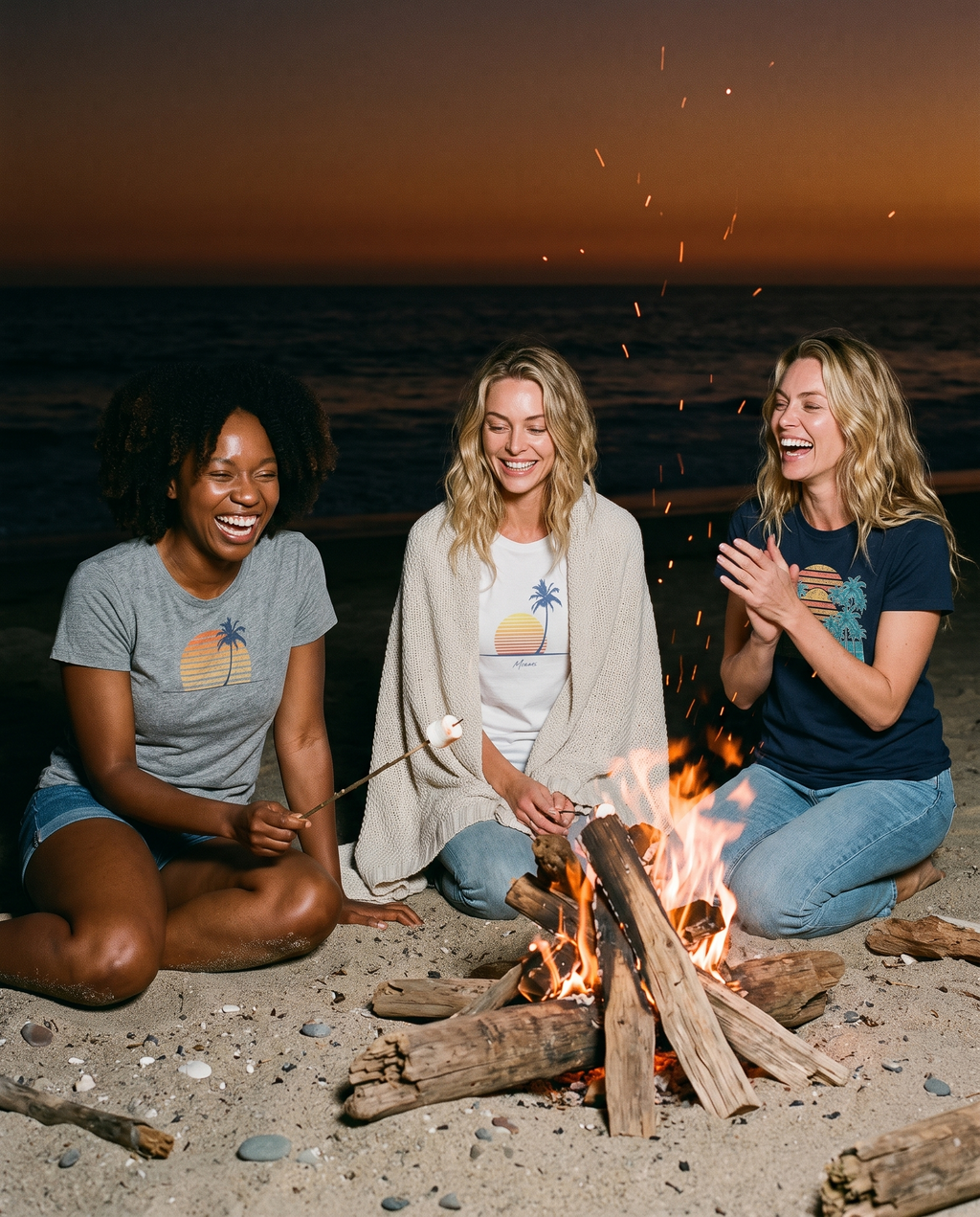Three friends around a driftwood beach bonfire at dusk, the front friend in the Retro Palm and Sunset minimalist tee in Sport Grey