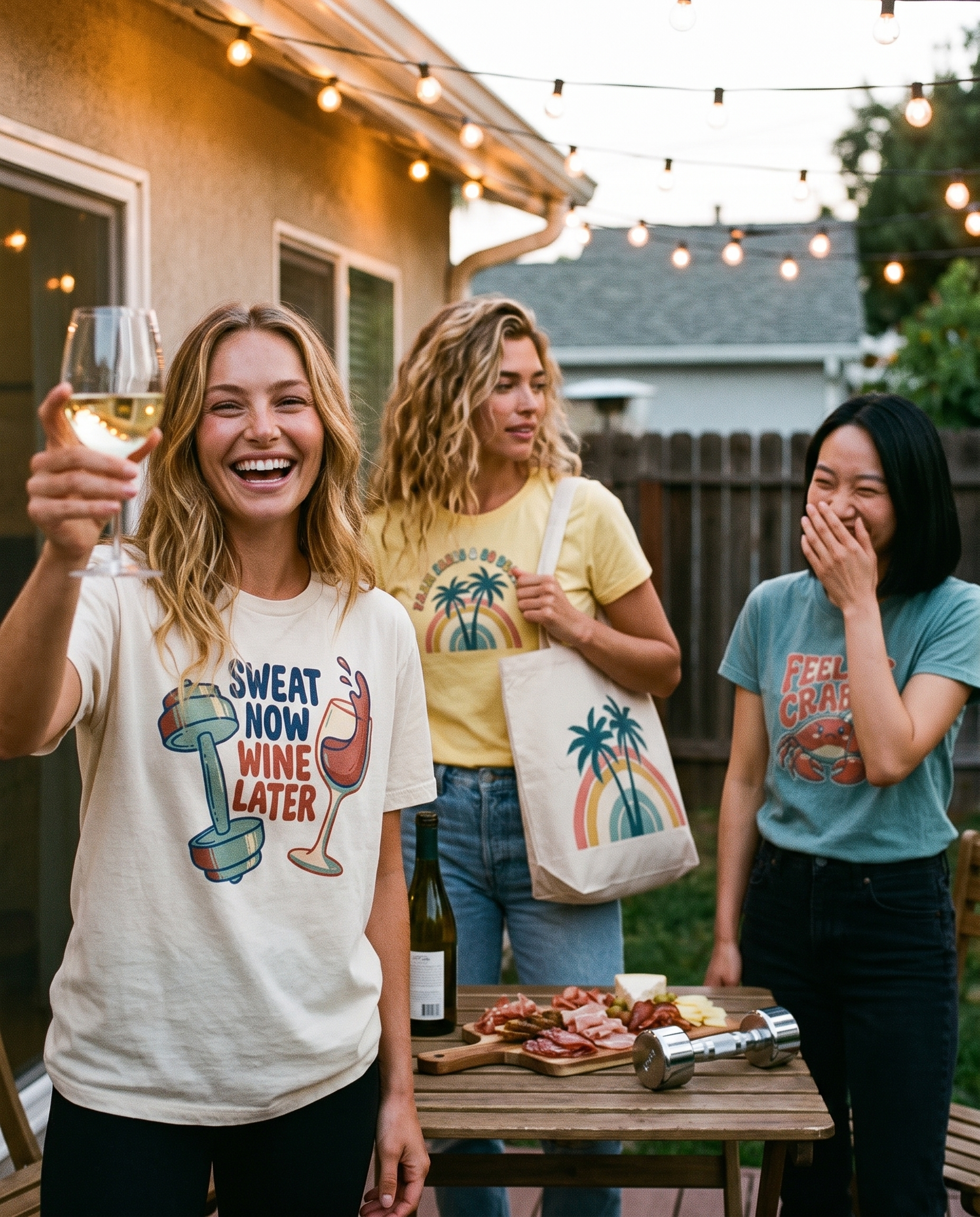 Patio girls night at dusk, the front friend toasting with white wine in the Sweat Now Wine Later tee in Ivory, friends behind with a palm print tote and a Feeling Crabby tee, a dumbbell on the snack table
