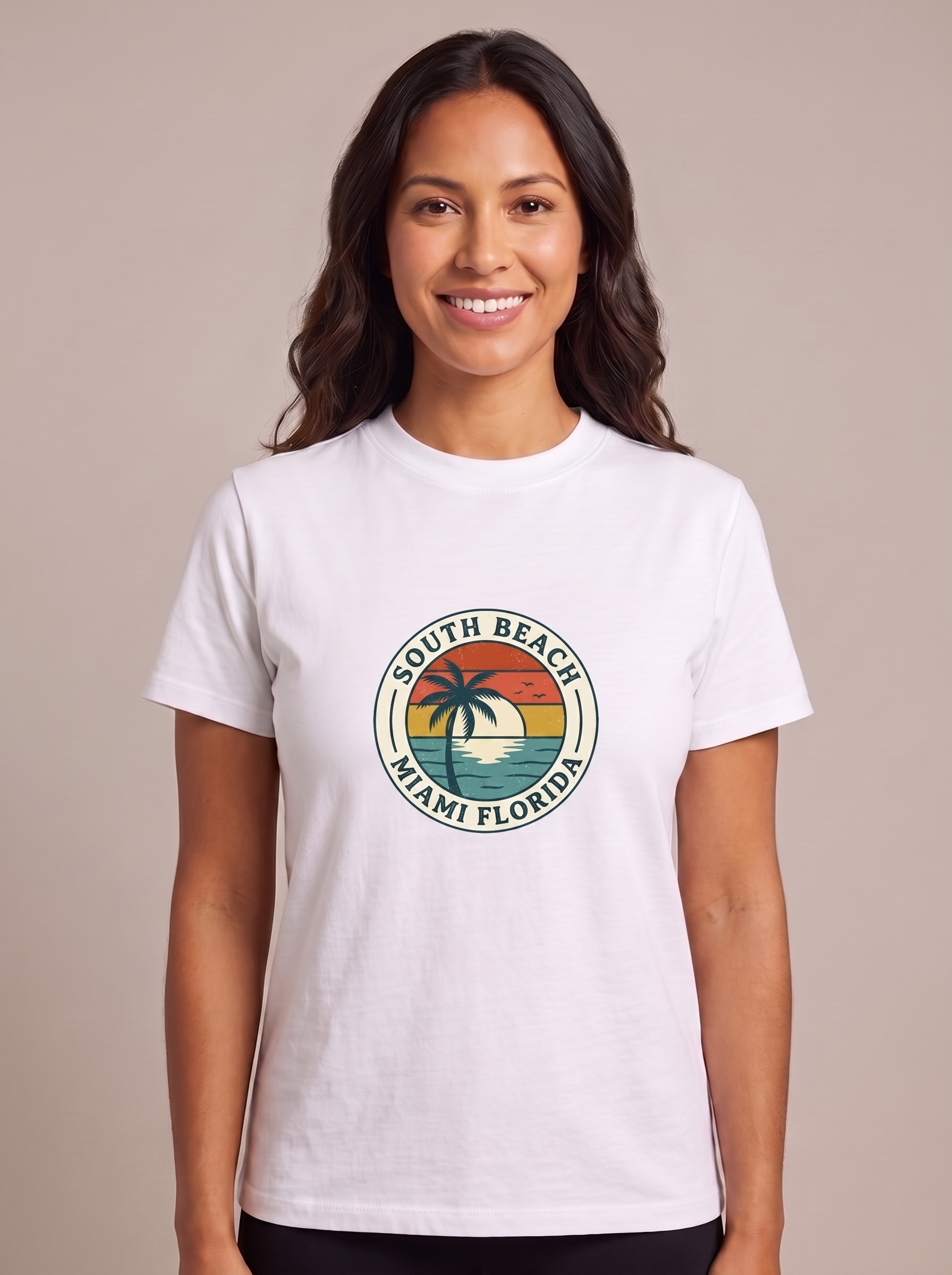 Woman wearing the South Beach Miami tee in White, SOUTH BEACH MIAMI FLORIDA vintage travel badge with palm and sunset screen printed on the center chest