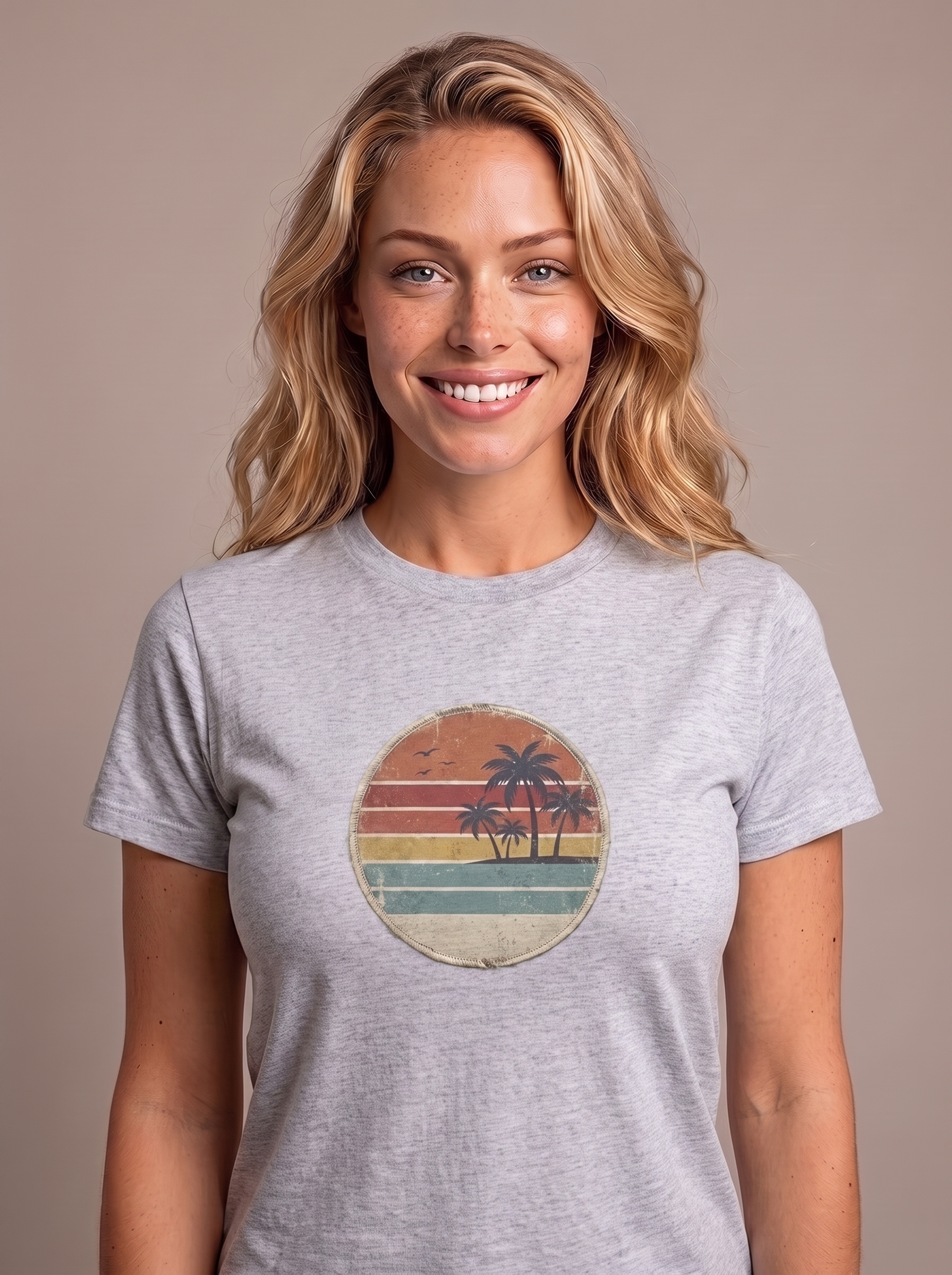 Retro Sunset Circle tee in Sport Grey, vintage two-palm striped sunset badge screen printed on the chest