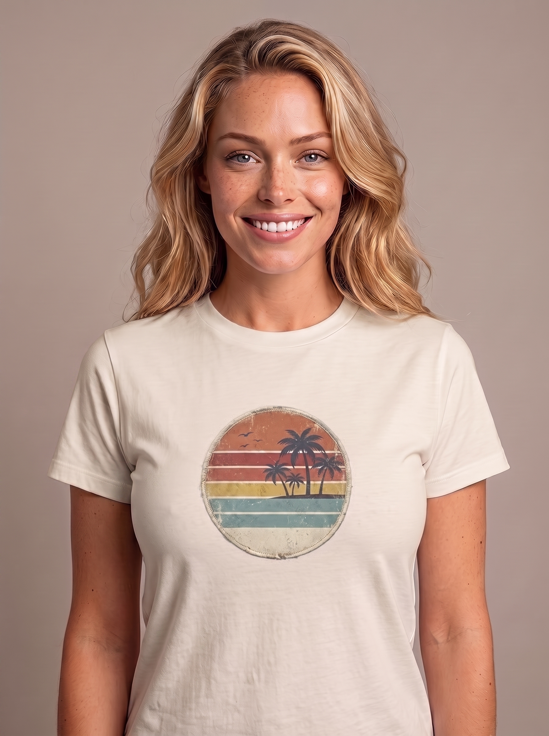 Retro Sunset Circle tee in Natural cream, vintage two-palm striped sunset badge on the chest