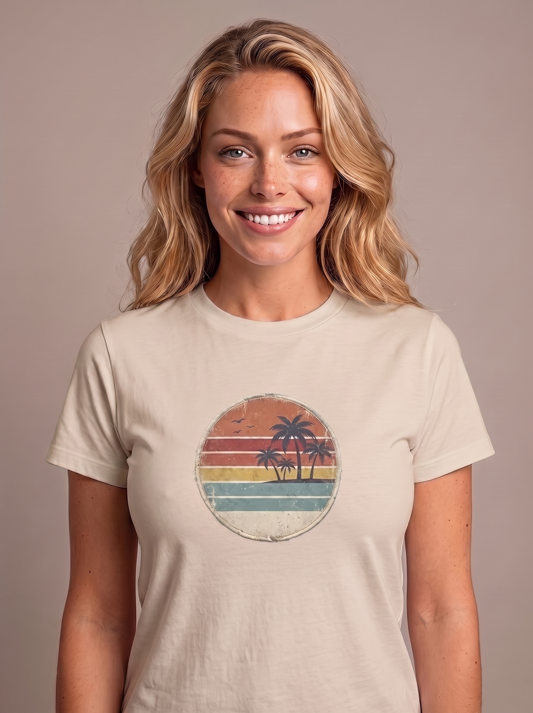 Retro Sunset Circle tee in Sand, vintage two-palm striped sunset badge on the chest