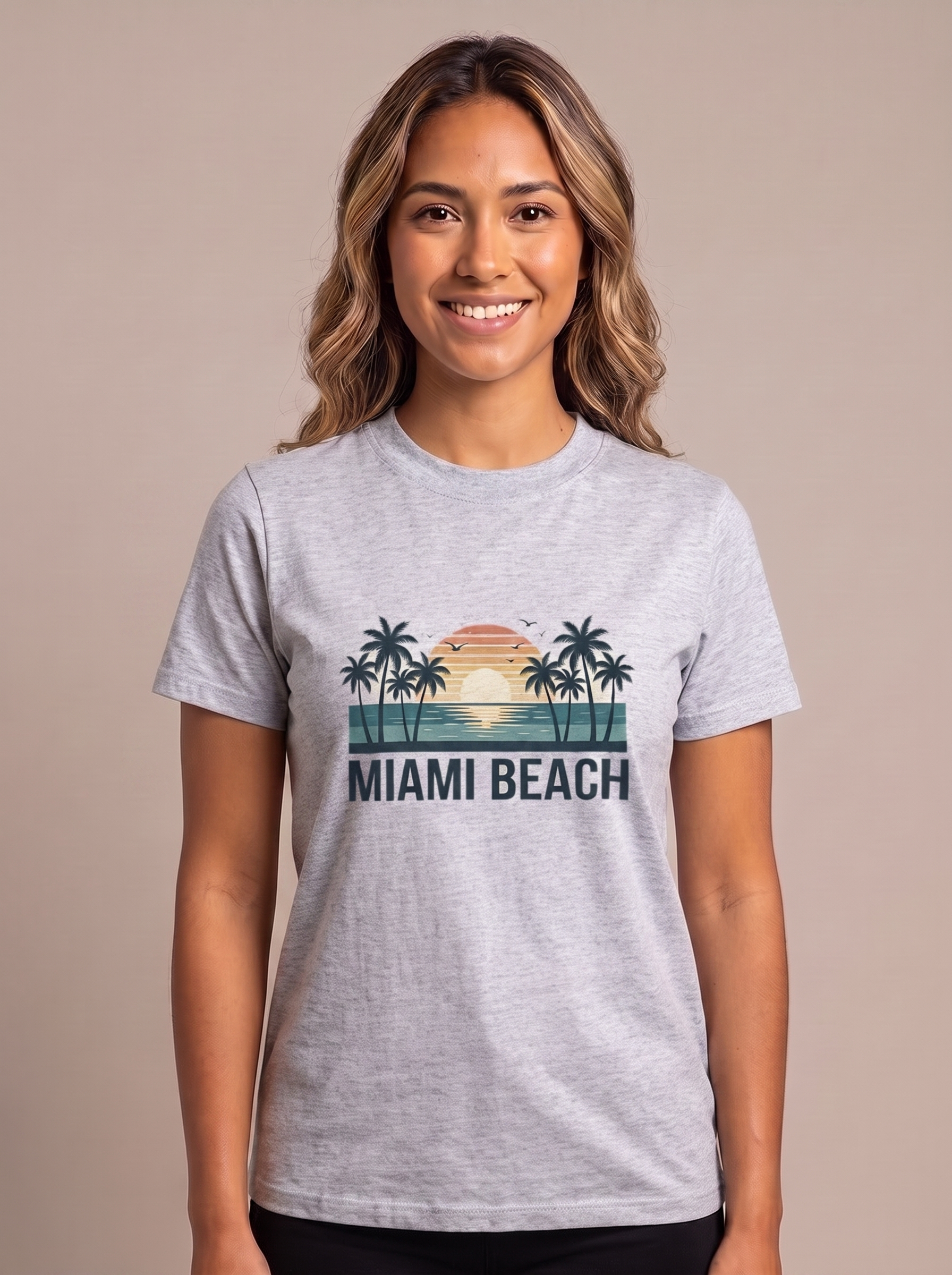 Miami Beach retro tee in Sport Grey, vintage teal sunset with palms and MIAMI BEACH wordmark on the chest