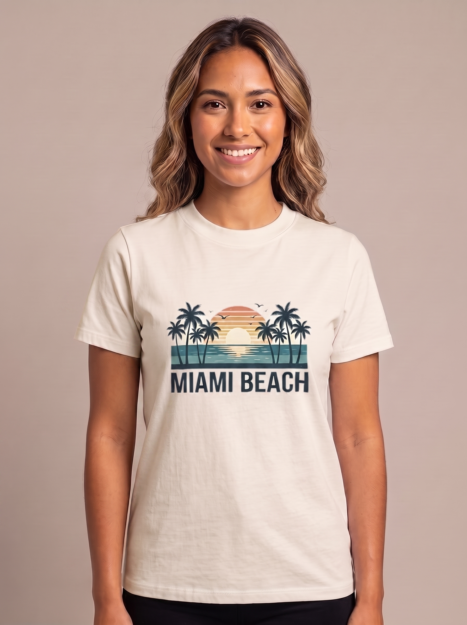 Miami Beach retro tee in Natural cream, vintage teal sunset with palms and MIAMI BEACH wordmark
