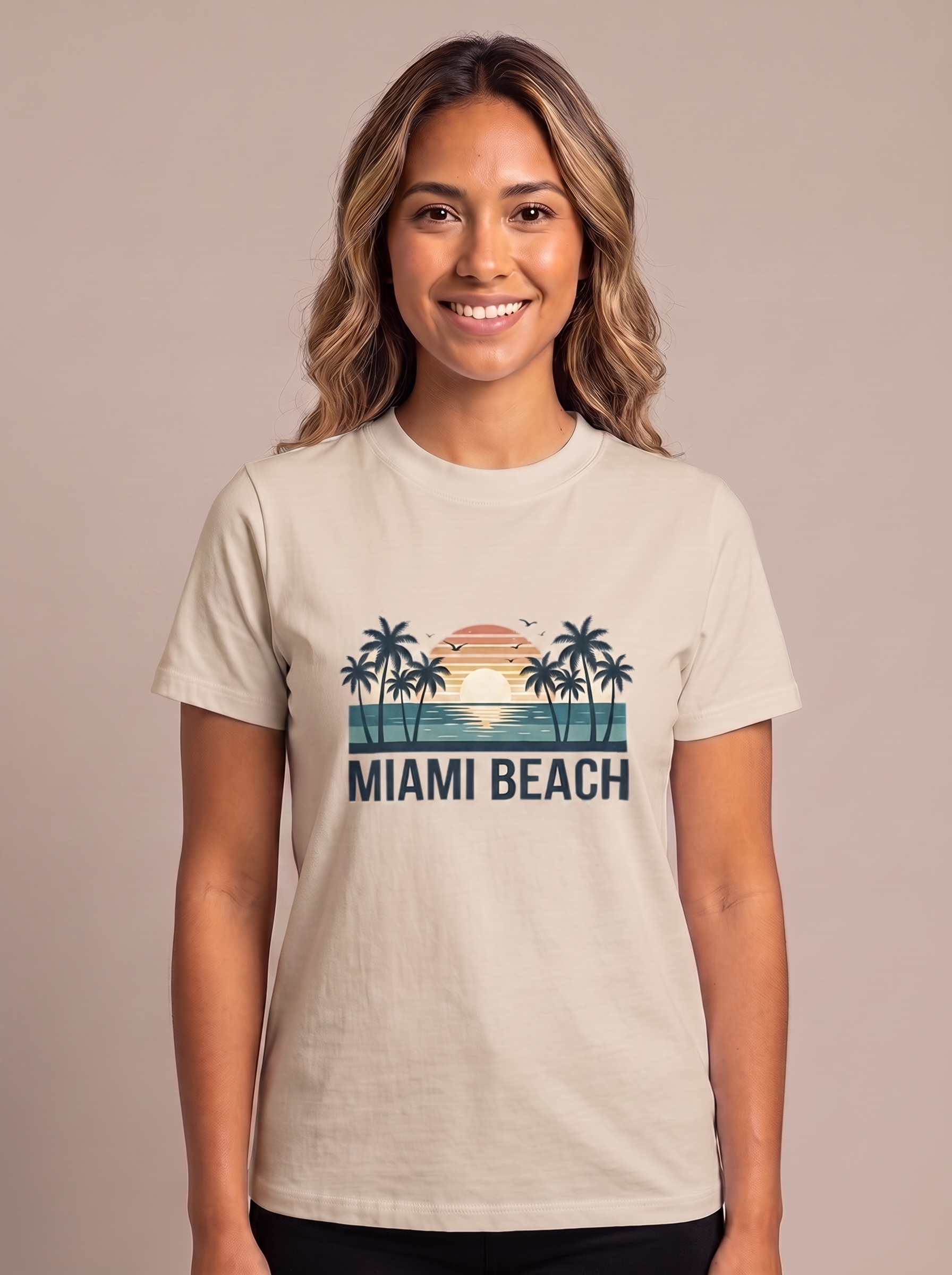 Miami Beach retro tee in Sand, vintage teal sunset with palms and MIAMI BEACH wordmark