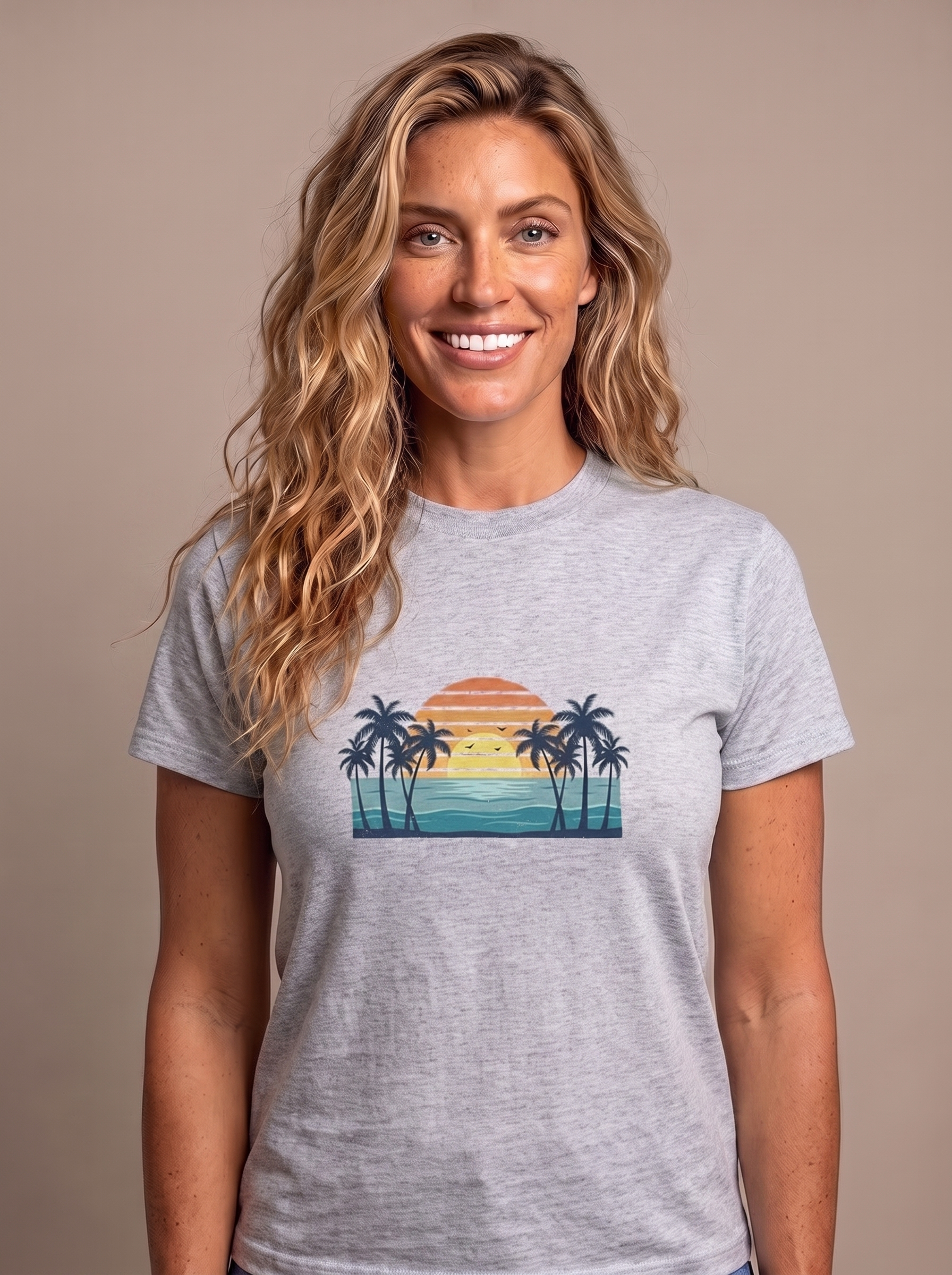 Retro Beach Sunset tee in Sport Grey, vintage sunset with palms and ocean waves on the chest