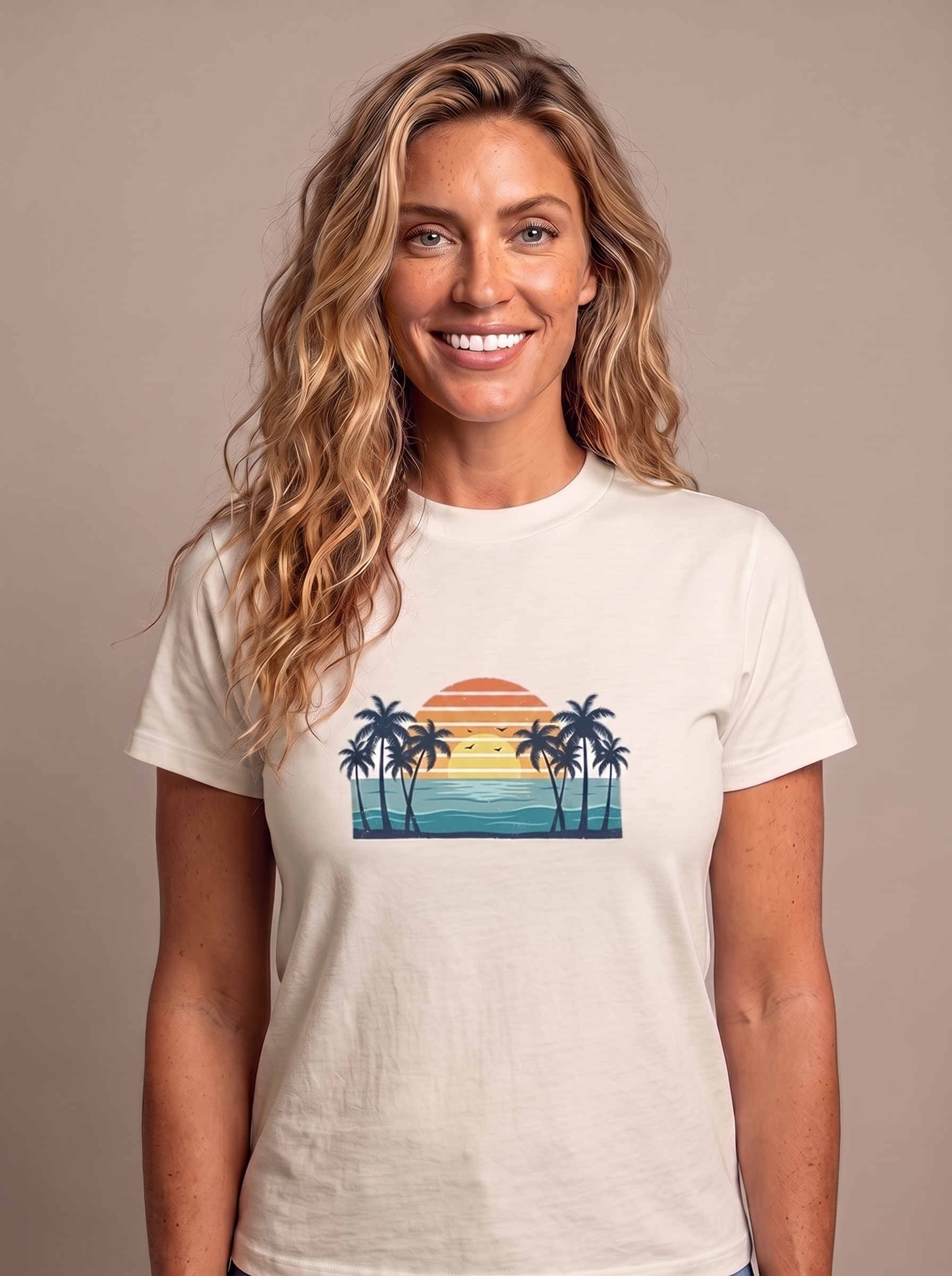 Retro Beach Sunset tee in Natural cream, vintage sunset with palms and ocean waves