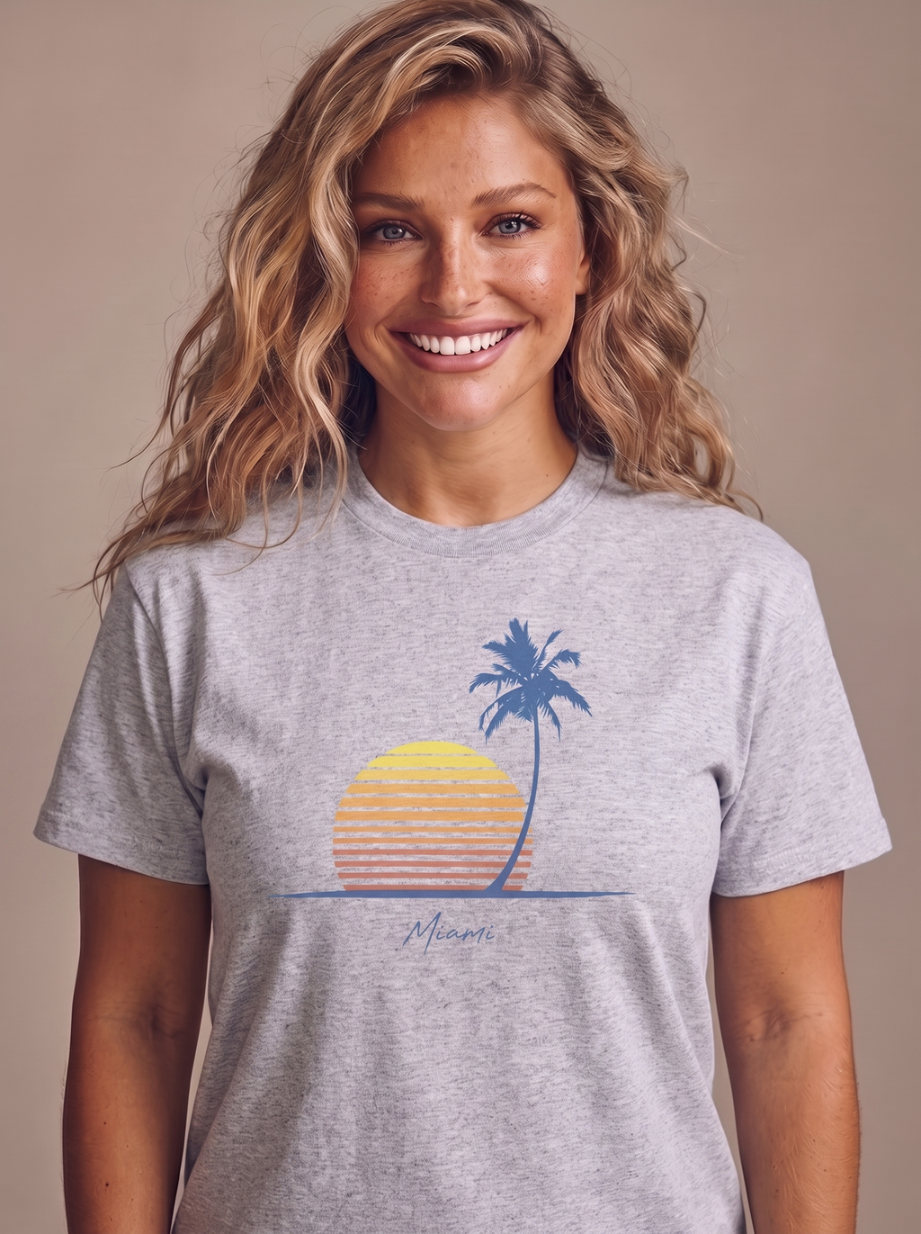 Retro Miami Palm Sunset tee in Sport Grey, single palm and striped sunset with Miami script on the chest
