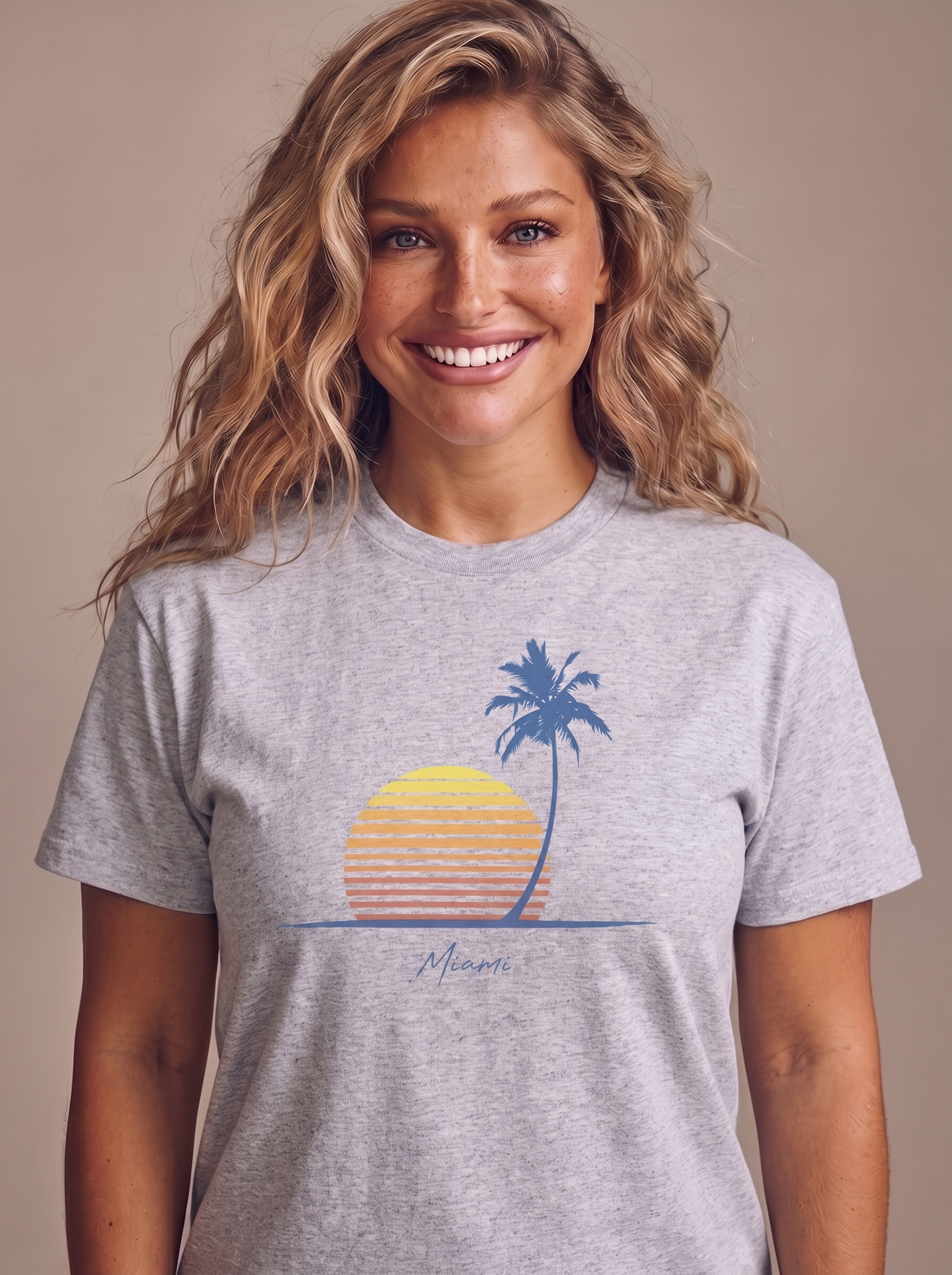 Retro Miami Palm Sunset tee in Sport Grey, single palm and striped sunset with Miami script on the chest