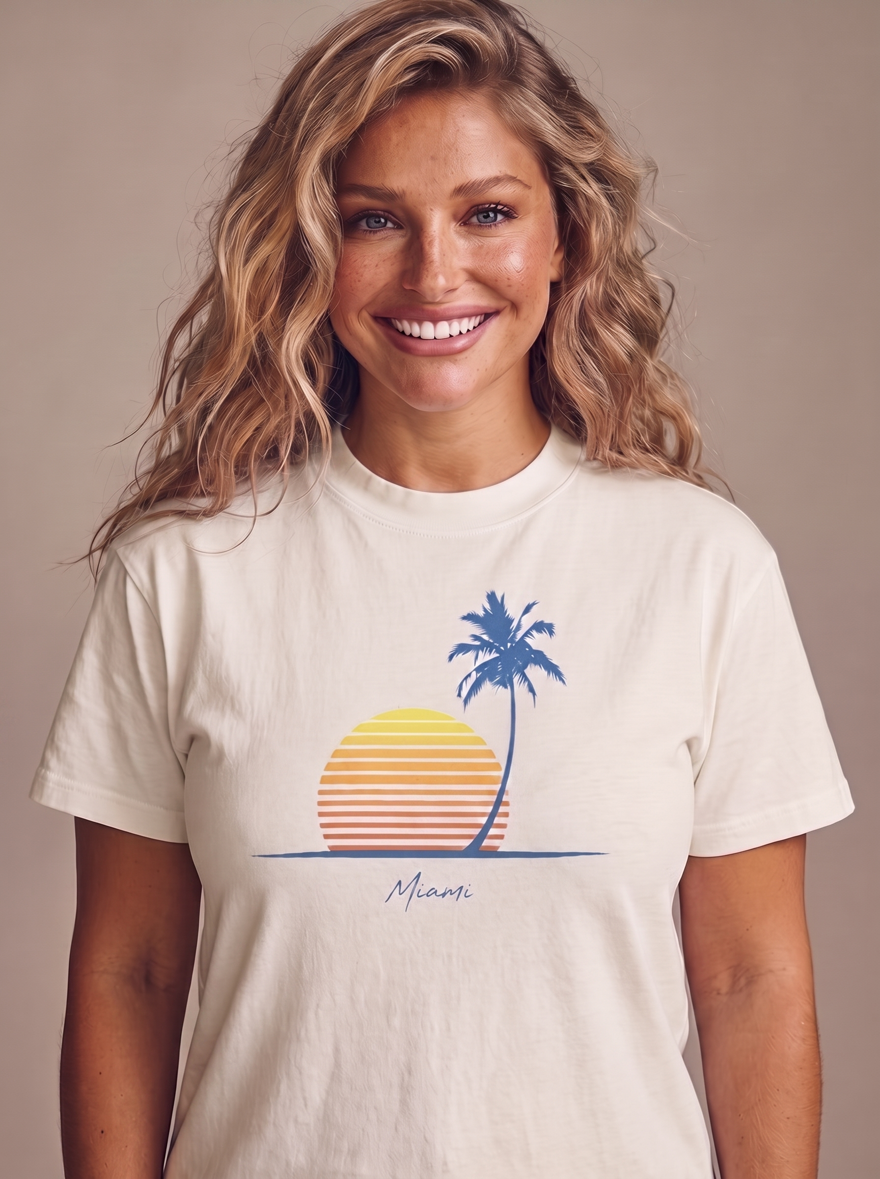 Retro Miami Palm Sunset tee in Natural cream, single palm and striped sunset with Miami script