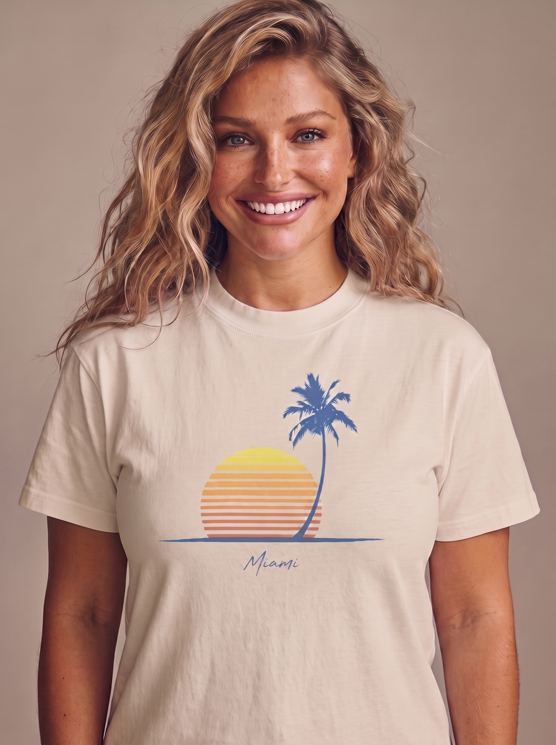 Retro Miami Palm Sunset tee in Sand, single palm and striped sunset with Miami script