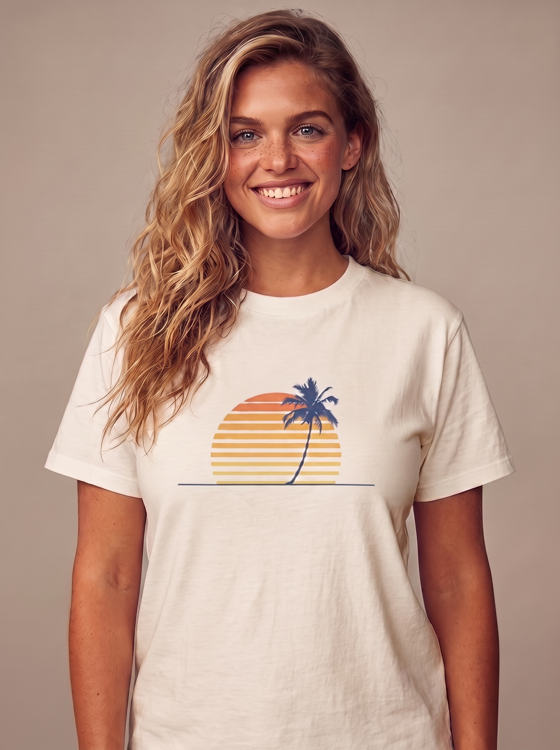 Retro Palm Minimalist tee in Natural cream, clean single palm over a striped retro sunset on the chest