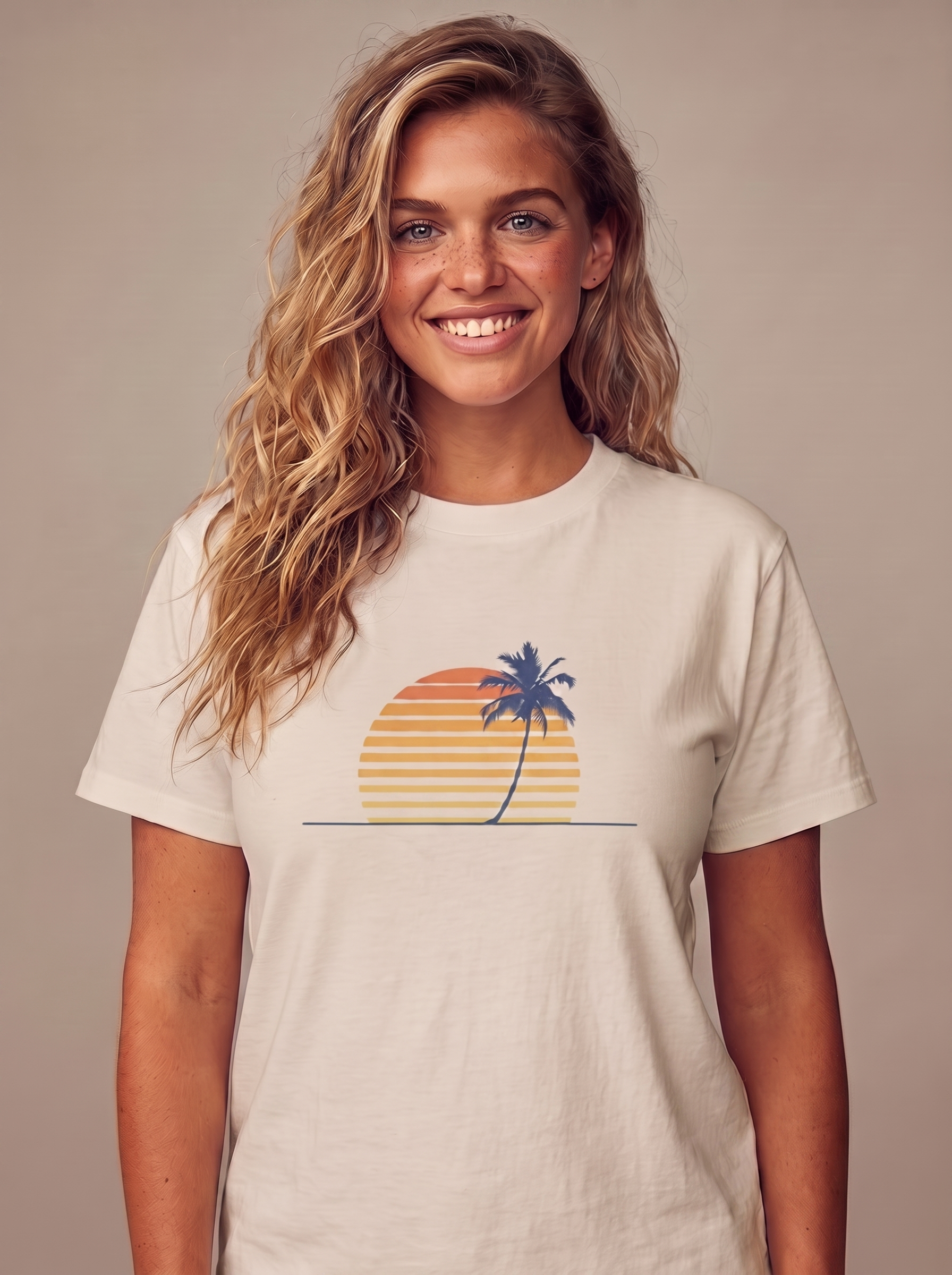 Retro Palm Minimalist tee in Sand, clean single palm over a striped retro sunset